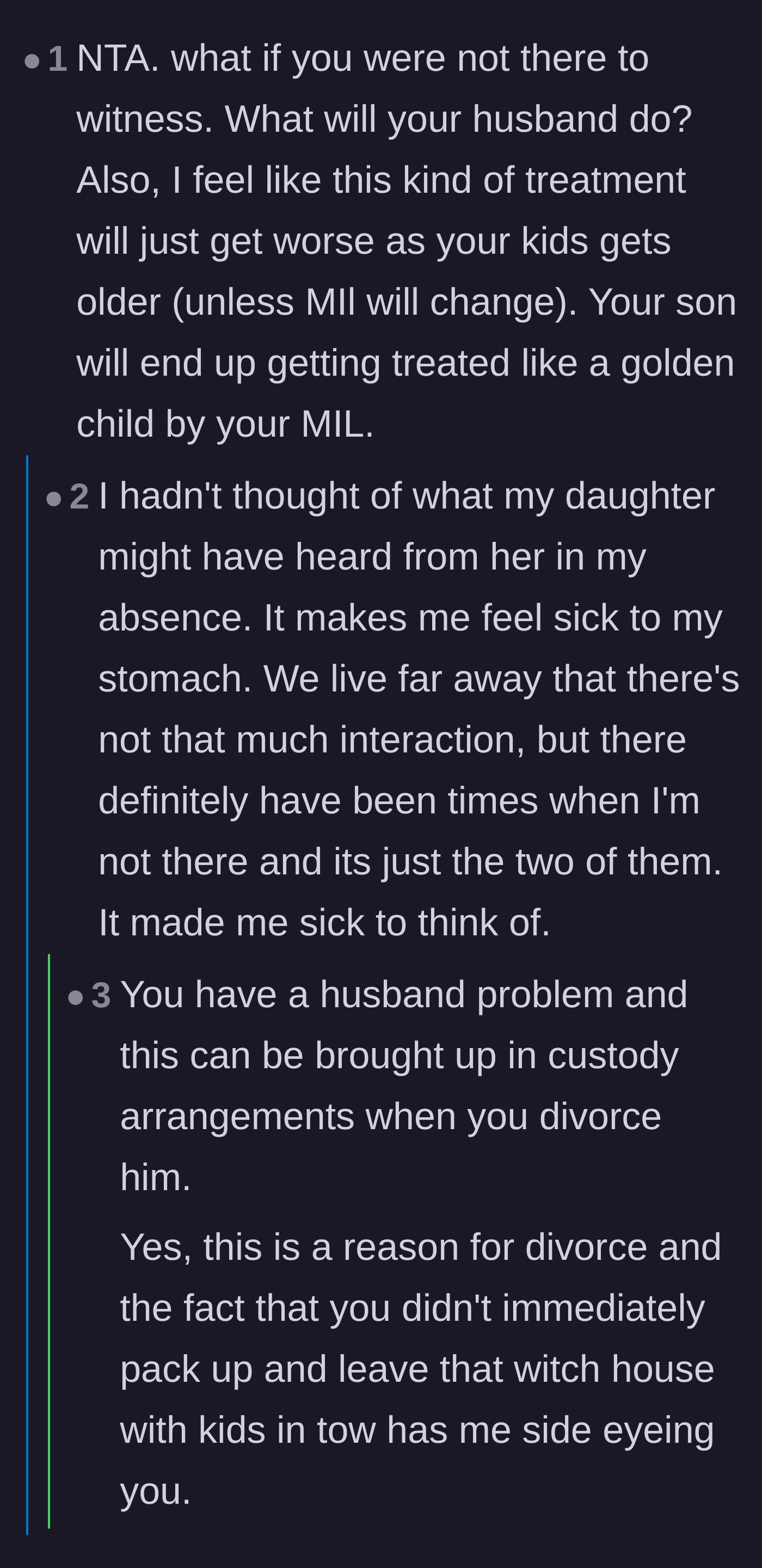 Comment thread 6 - A dramatic thread where one person suggests immediate divorce, sparking an argument about Reddit's tendency to jump to extreme solutions.