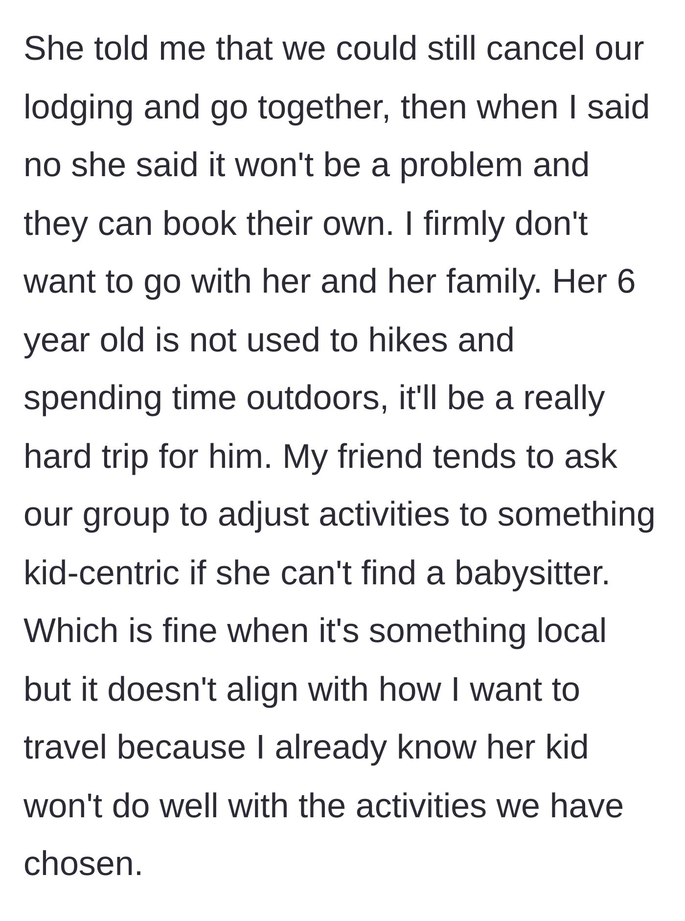 Story part 3 - Friend suggesting they cancel lodging to stay together, while mom mentally lists why the friend's kid would ruin the hiking trip.