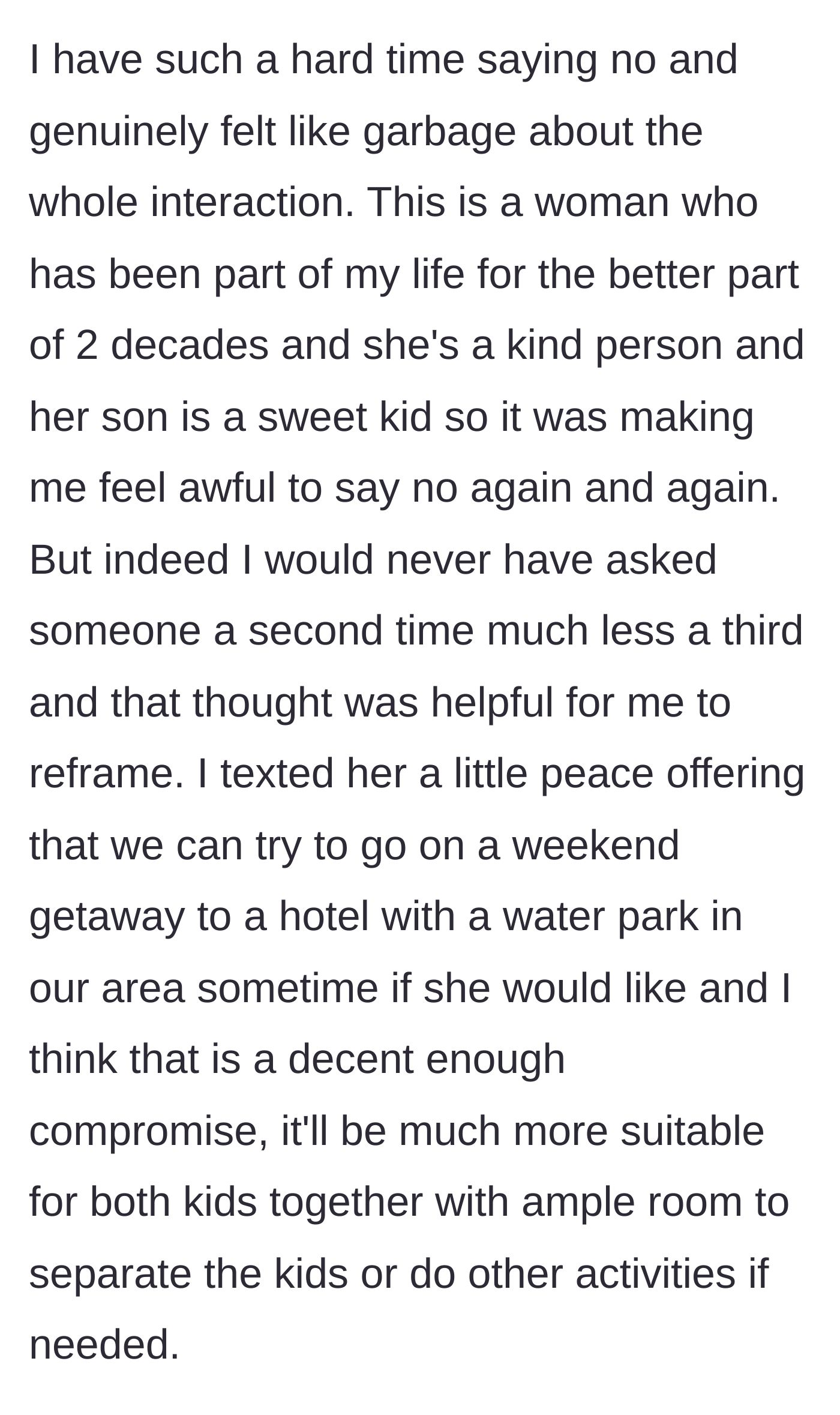 Story part 6 - Mom reflecting on feeling guilty but standing firm, ultimately offering a local water park trip as a peace offering.