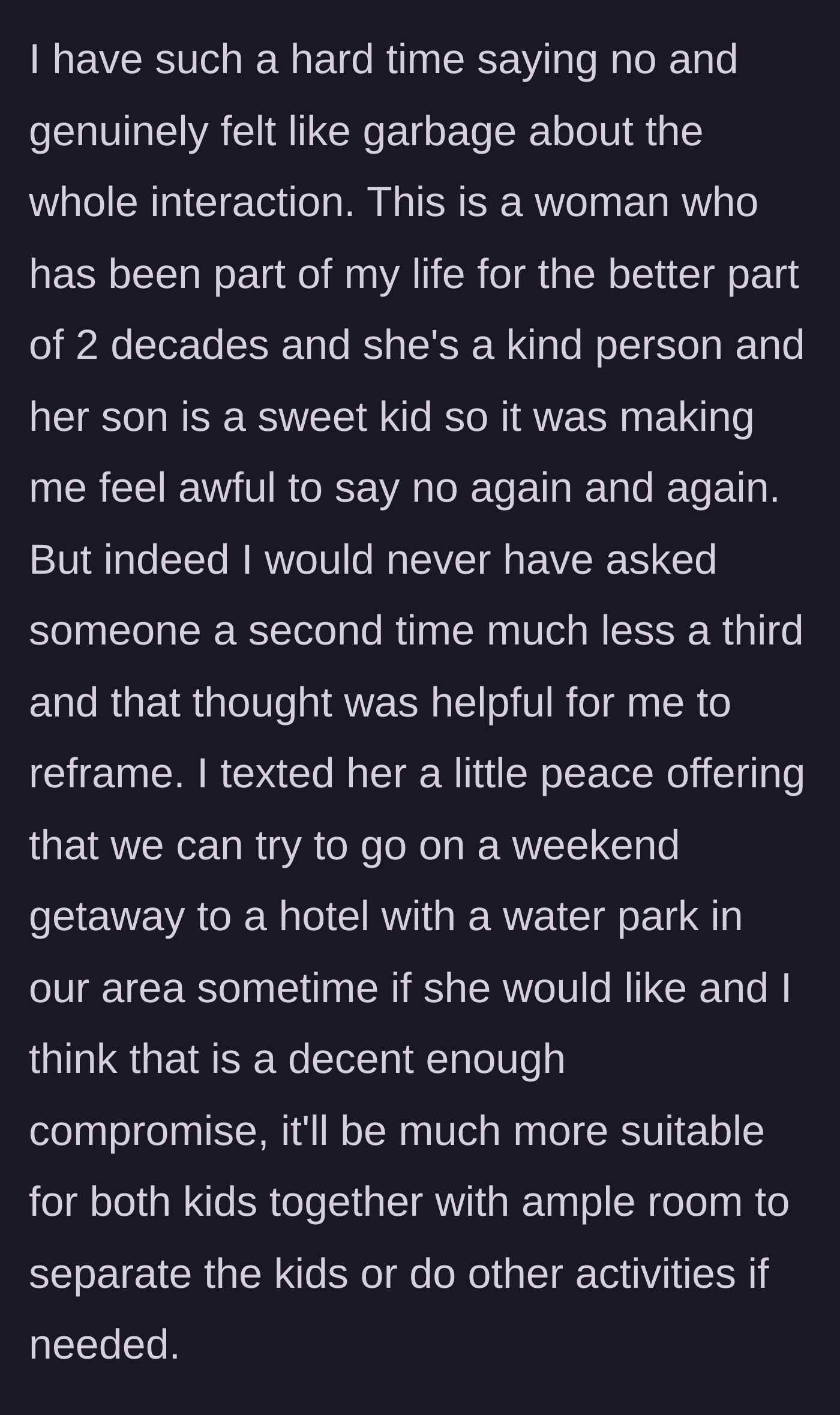 Story part 6 - Mom reflecting on feeling guilty but standing firm, ultimately offering a local water park trip as a peace offering.