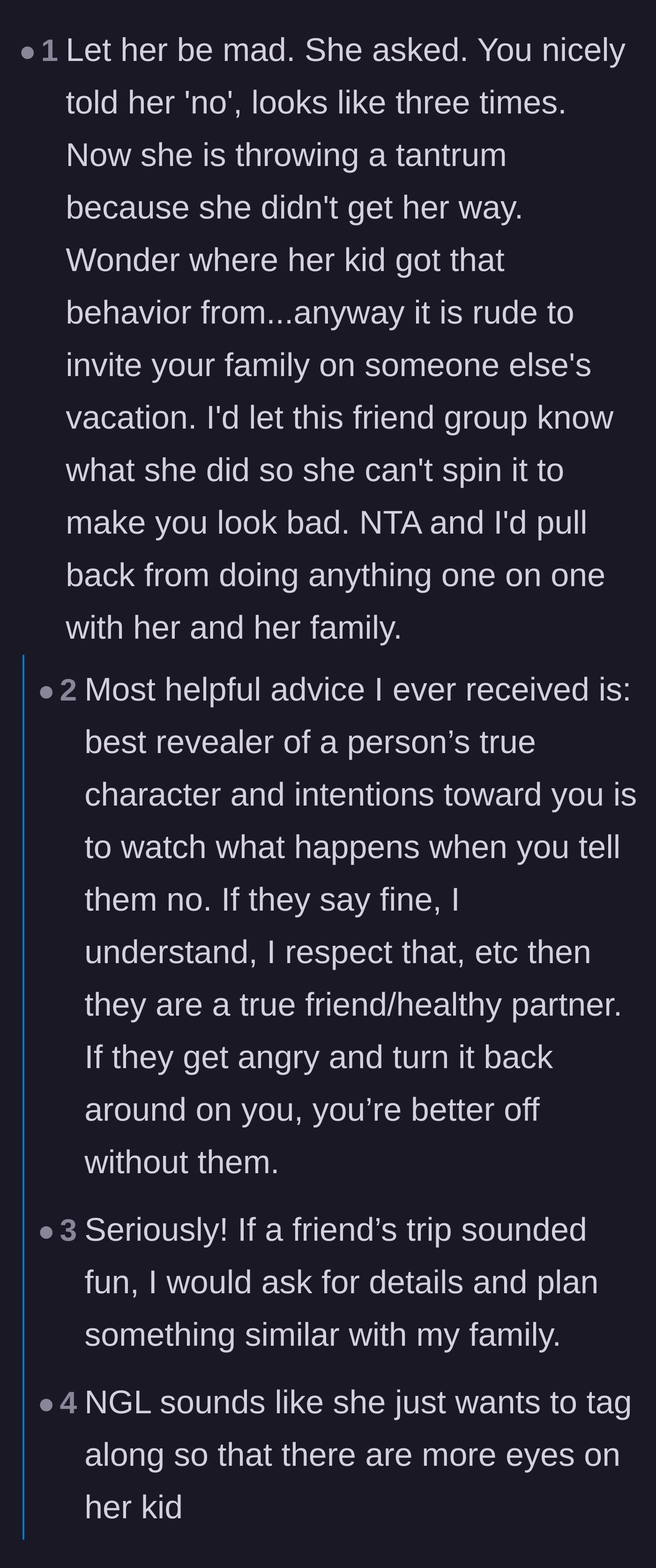 Comment thread 2 - A discussion on how throwing a tantrum after hearing the word 'no' reveals a person's true toxic character.