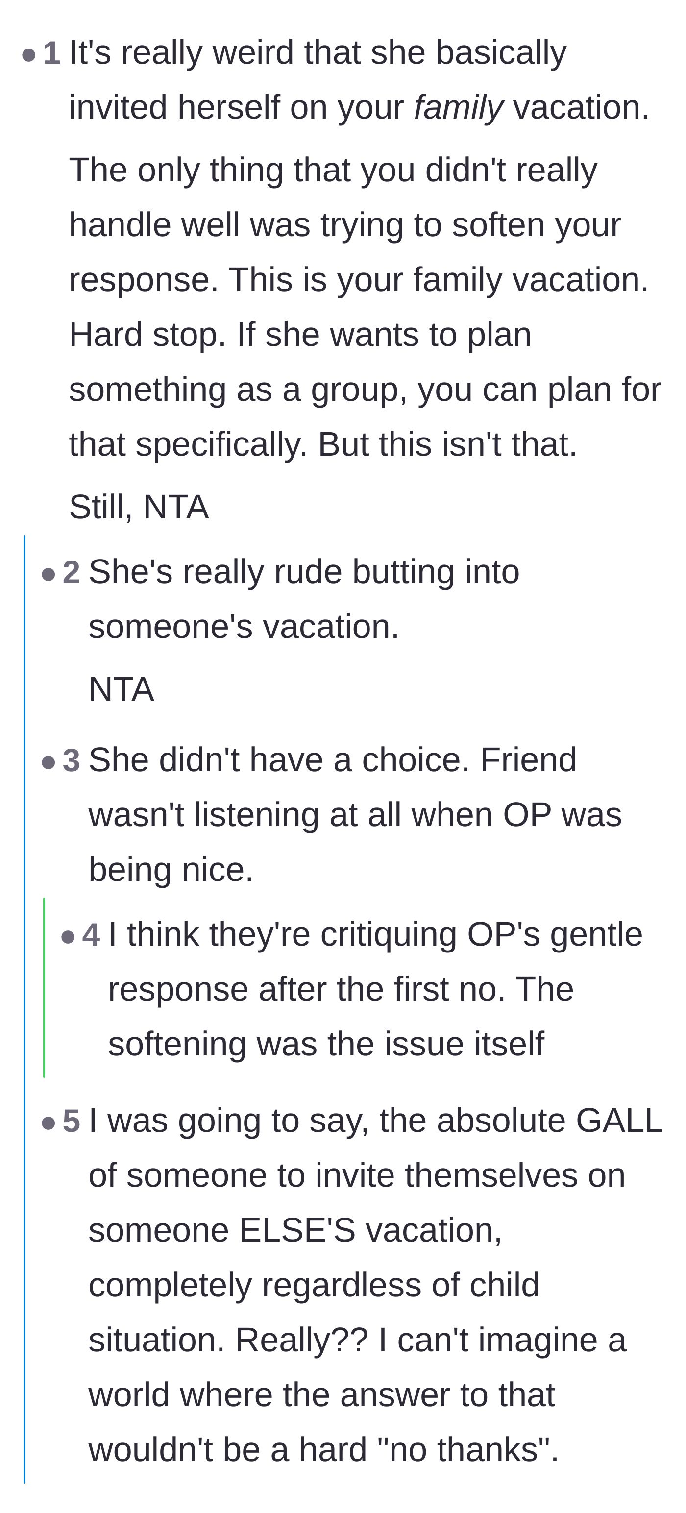 Comment thread 3 - Commenters critiquing the mom for trying to soften her rejection instead of just delivering a hard 'no.'