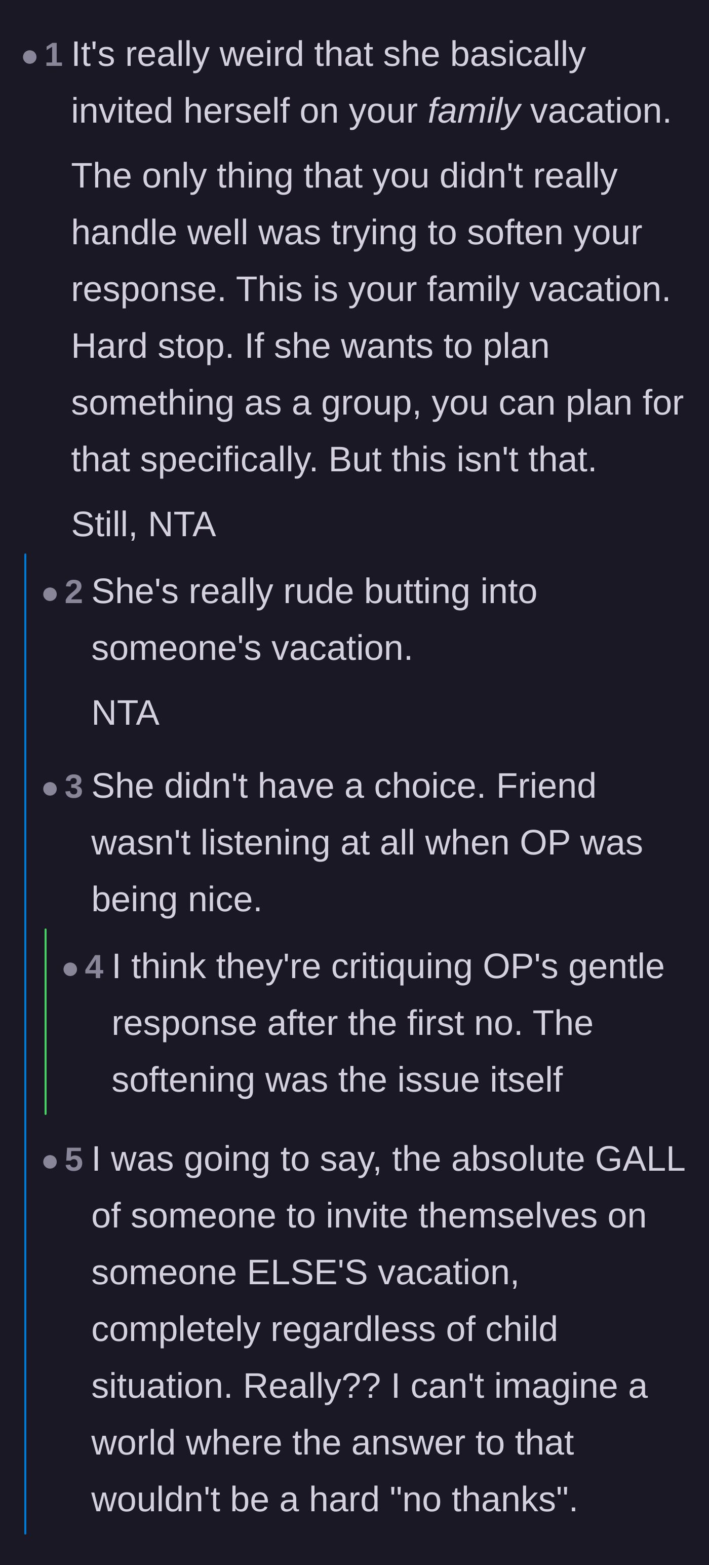 Comment thread 3 - Commenters critiquing the mom for trying to soften her rejection instead of just delivering a hard 'no.'