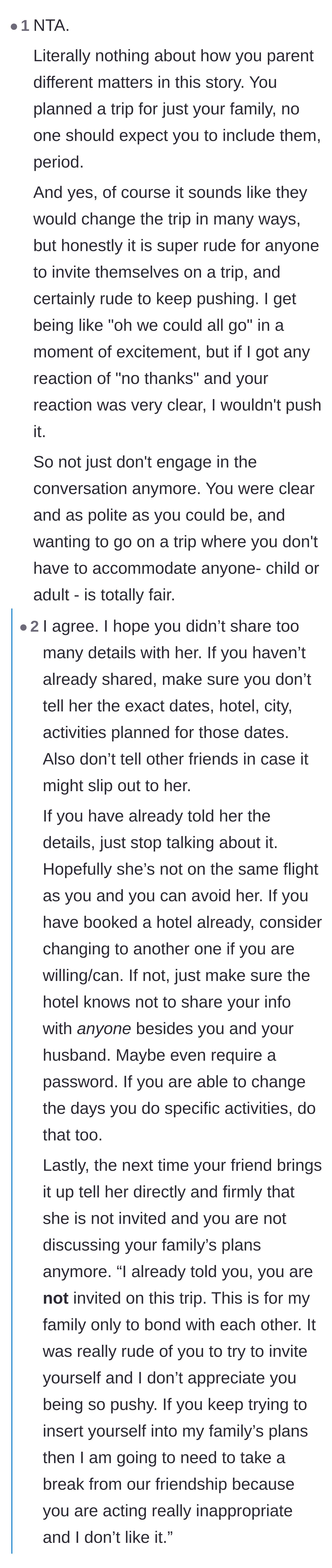Comment thread 6 - Advice urging the mom to lock down her travel details with passwords so the friend can't secretly follow them.