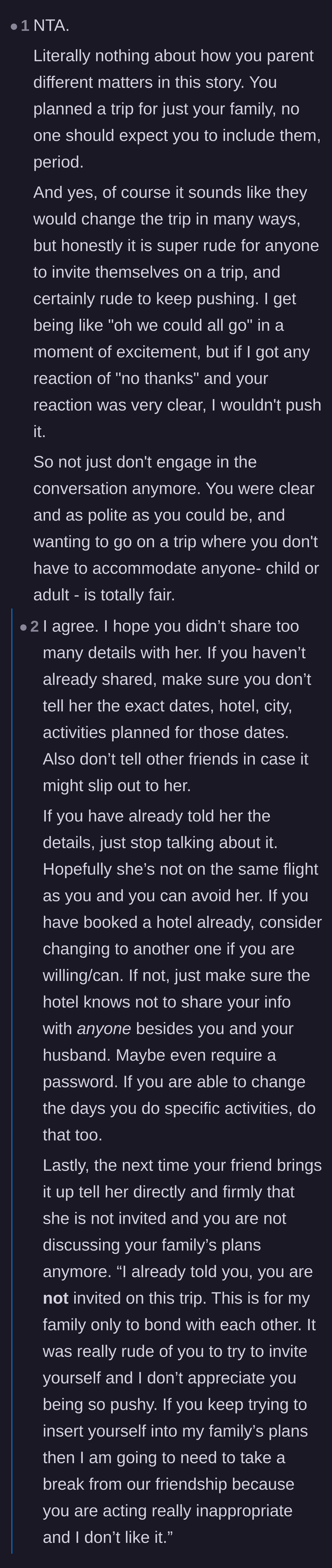 Comment thread 6 - Advice urging the mom to lock down her travel details with passwords so the friend can't secretly follow them.