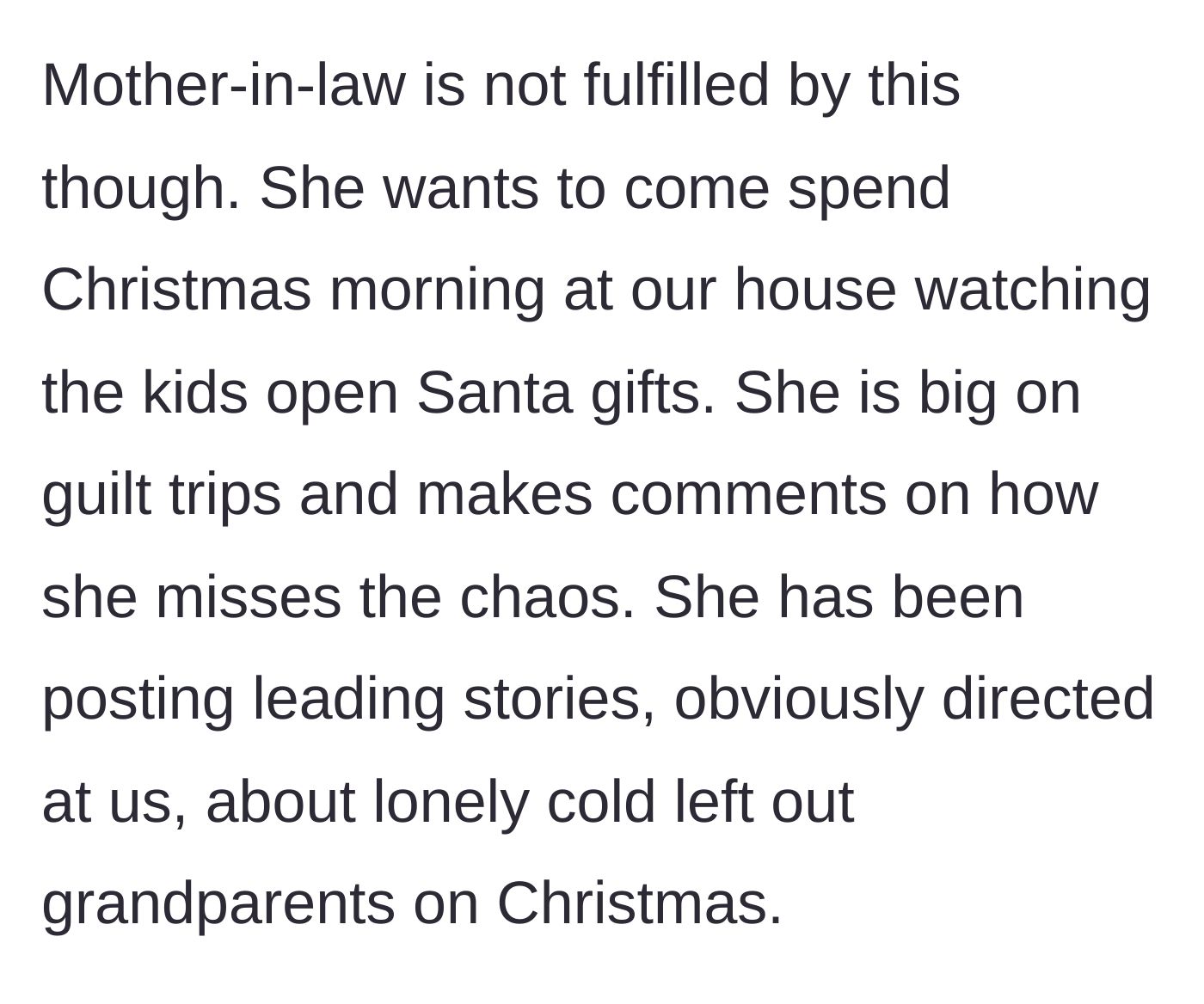Story part 3 - The mother-in-law complains about missing the Christmas chaos and posts passive-aggressive social media stories.
