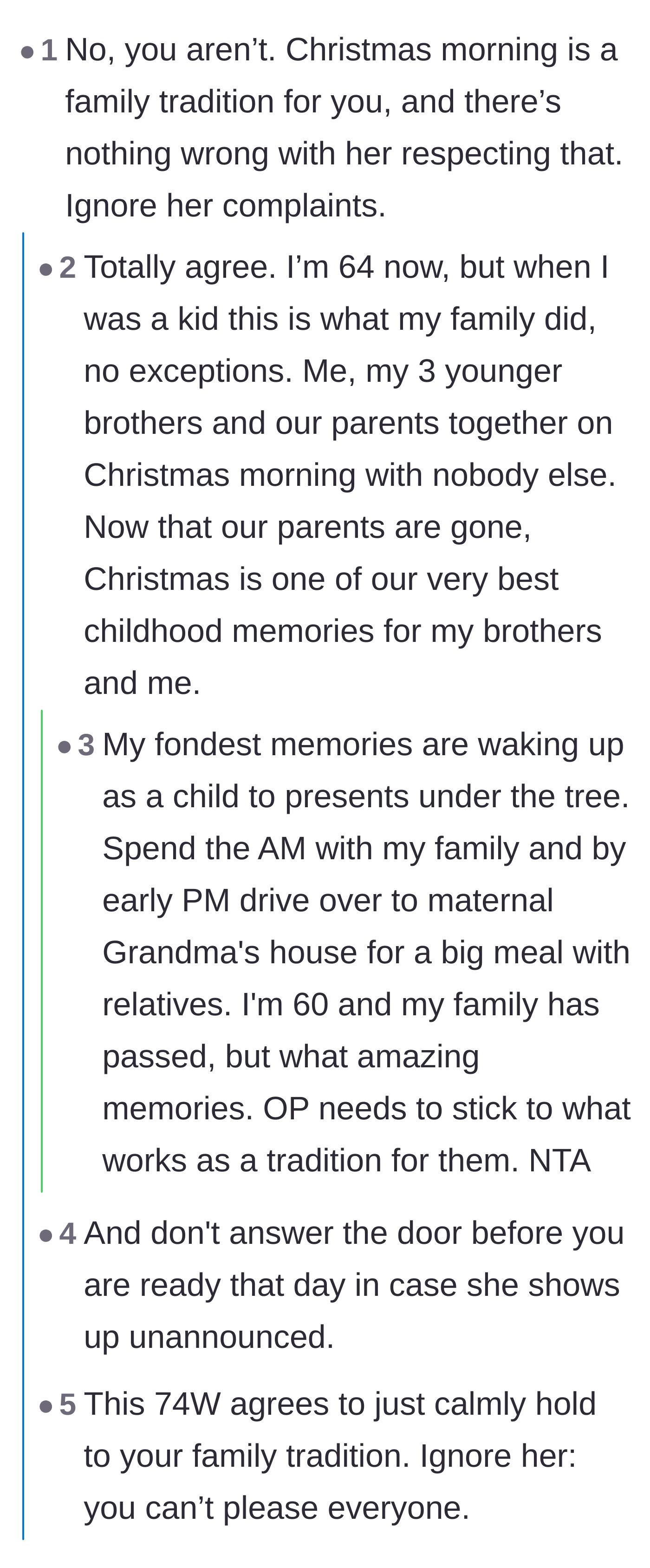Comment thread 1 - Readers sharing nostalgic memories of immediate-family-only Christmas mornings and advising not to answer the door.