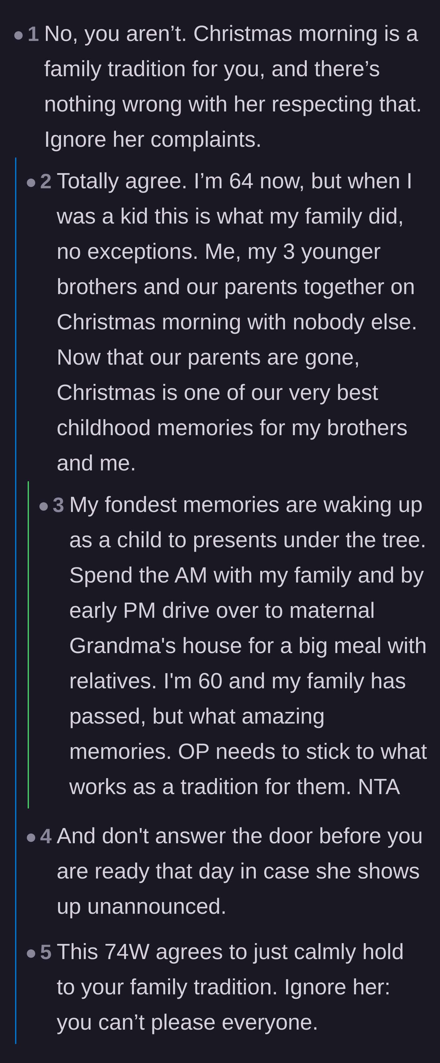 Comment thread 1 - Readers sharing nostalgic memories of immediate-family-only Christmas mornings and advising not to answer the door.