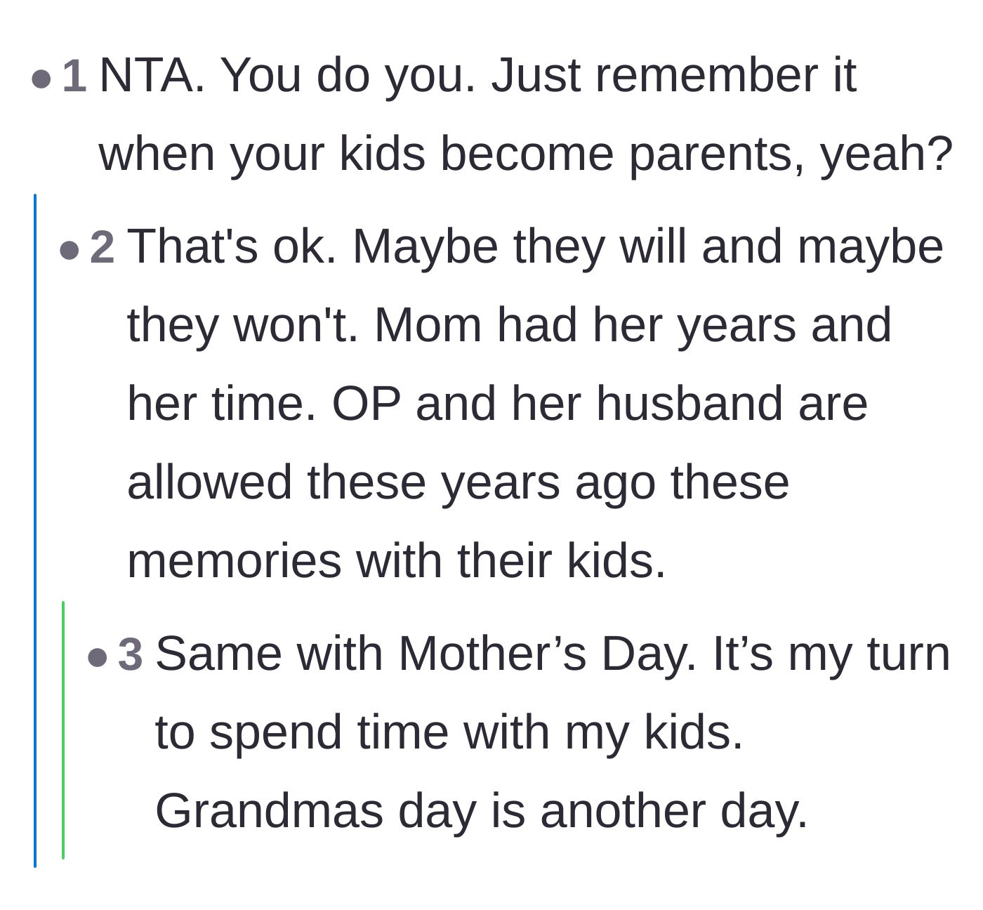 Comment thread 3 - A debate about how the author will feel when she is a grandparent someday.