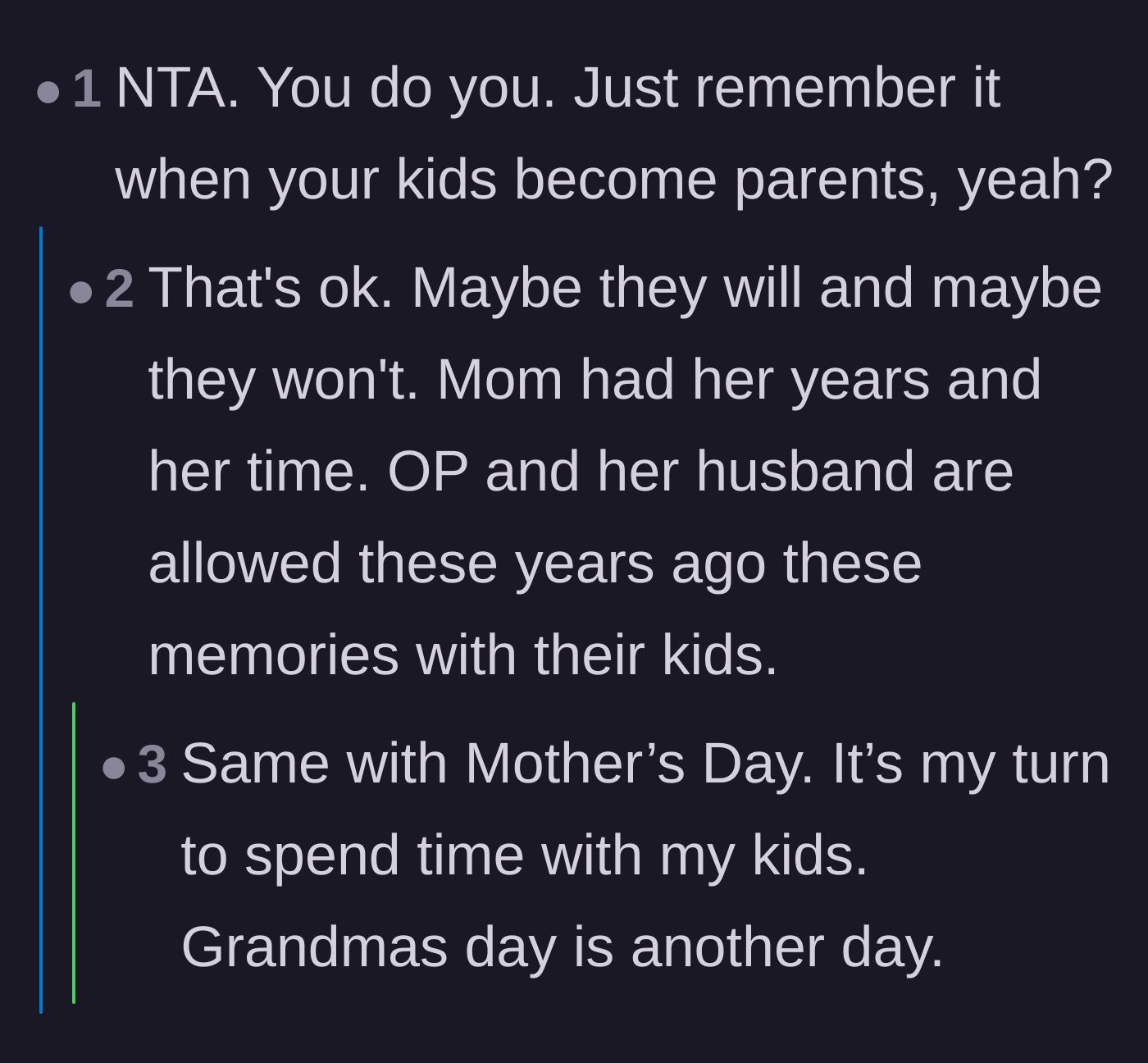 Comment thread 3 - A debate about how the author will feel when she is a grandparent someday.