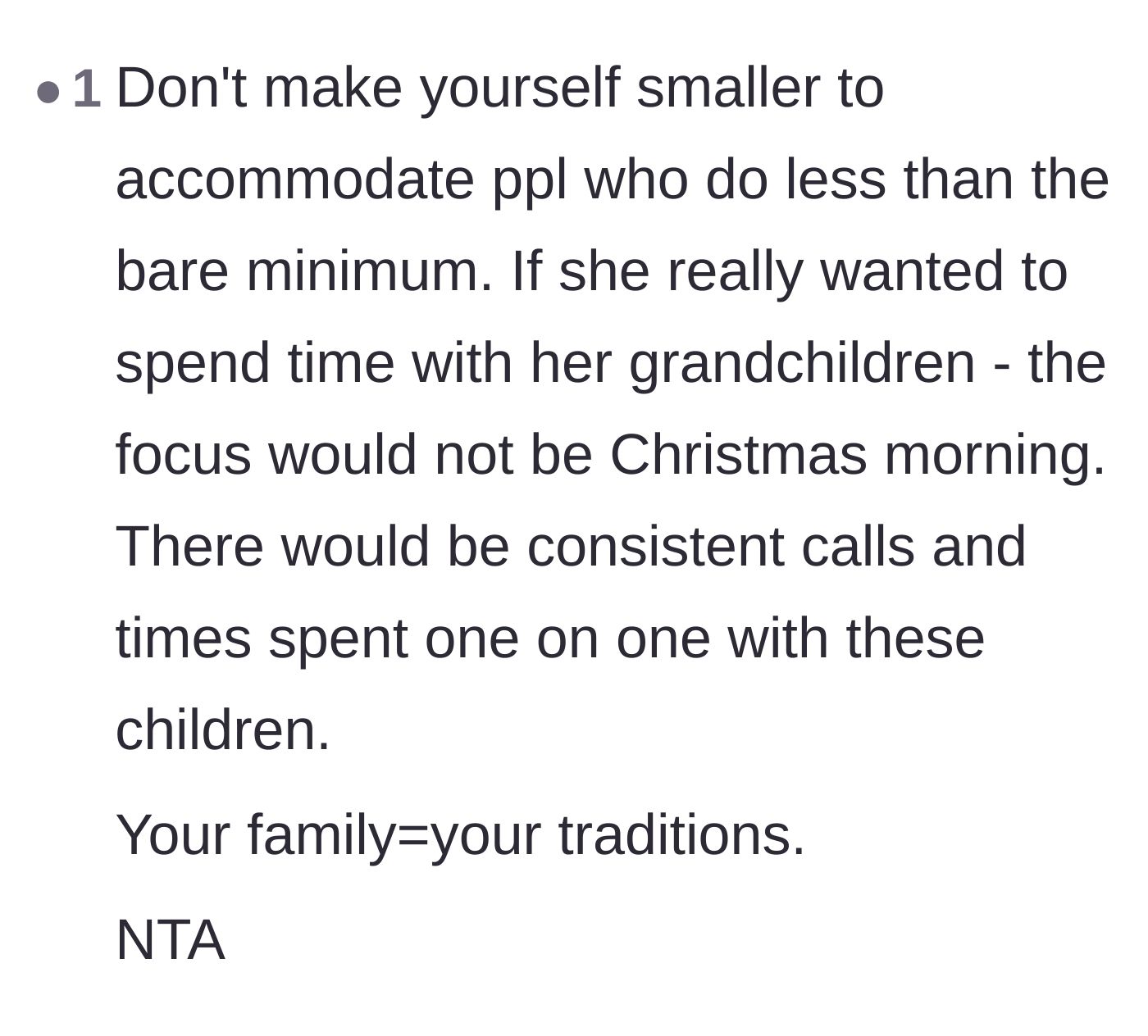 Comment thread 4 - A reader pointing out that the mother-in-law doesn't put in consistent effort during the rest of the year.