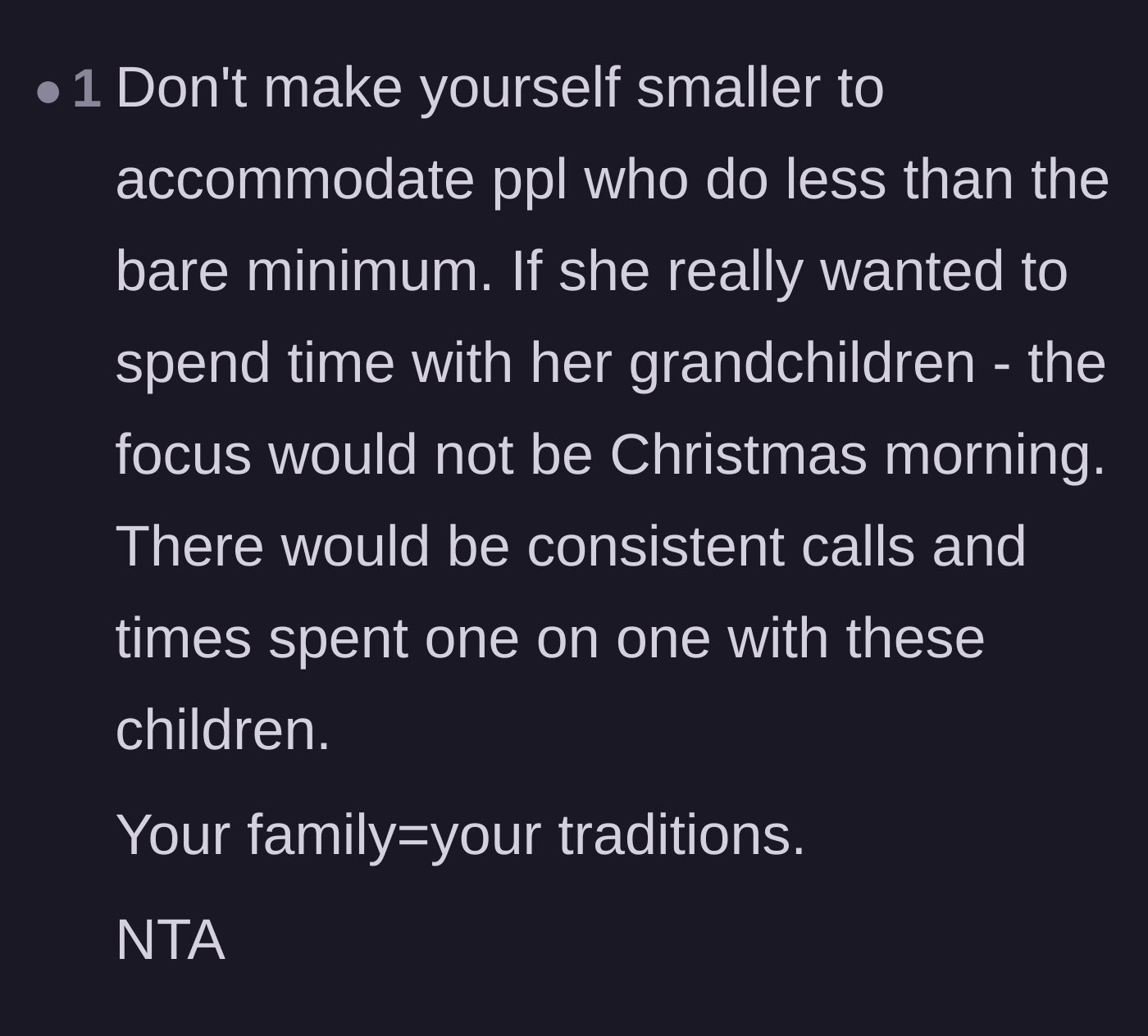 Comment thread 4 - A reader pointing out that the mother-in-law doesn't put in consistent effort during the rest of the year.