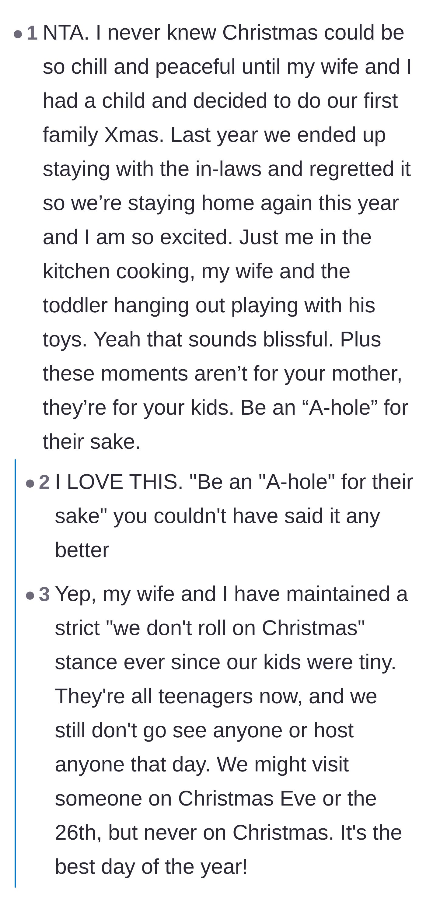 Comment thread 5 - A parent sharing the bliss of staying home for the holidays and encouraging the author to prioritize her kids.