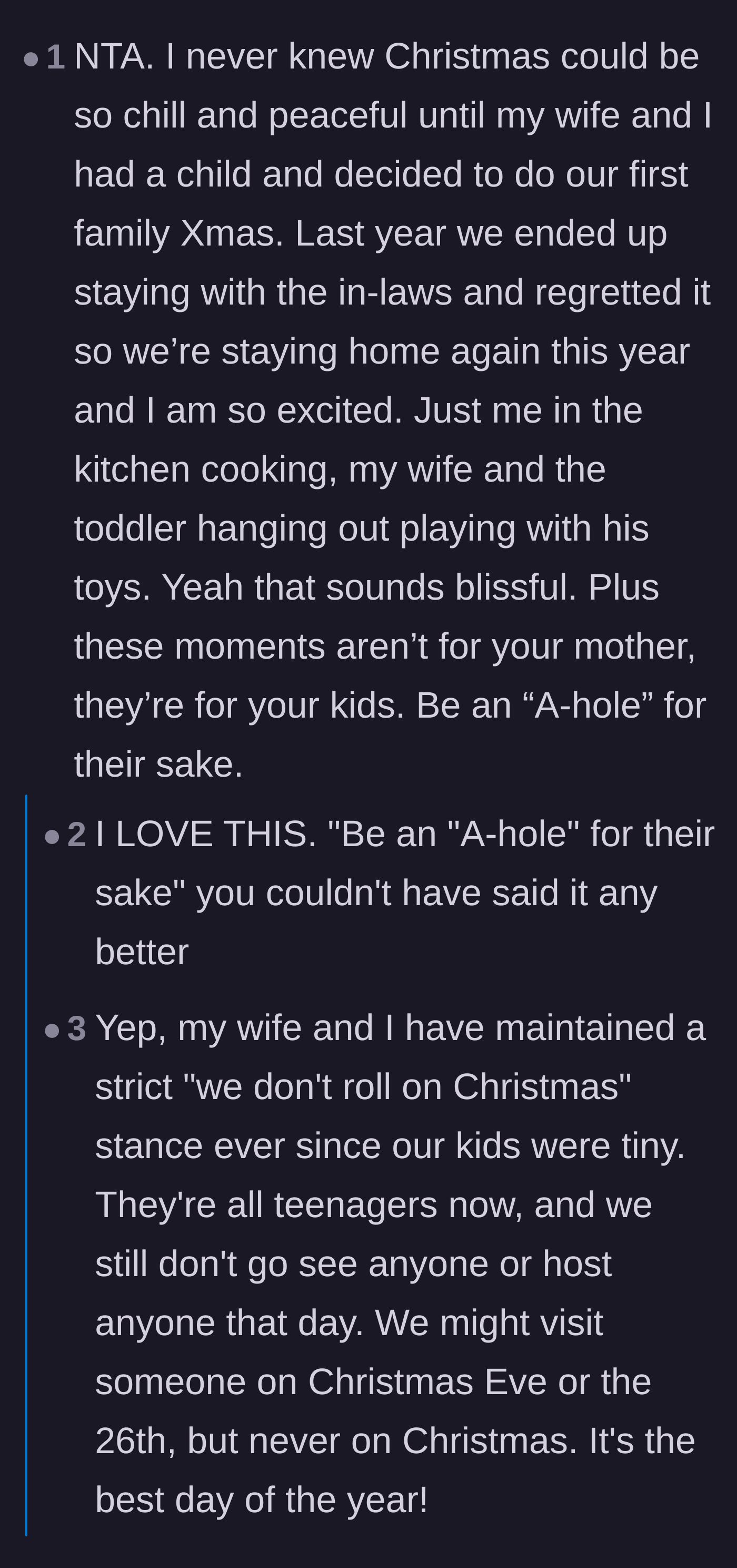 Comment thread 5 - A parent sharing the bliss of staying home for the holidays and encouraging the author to prioritize her kids.