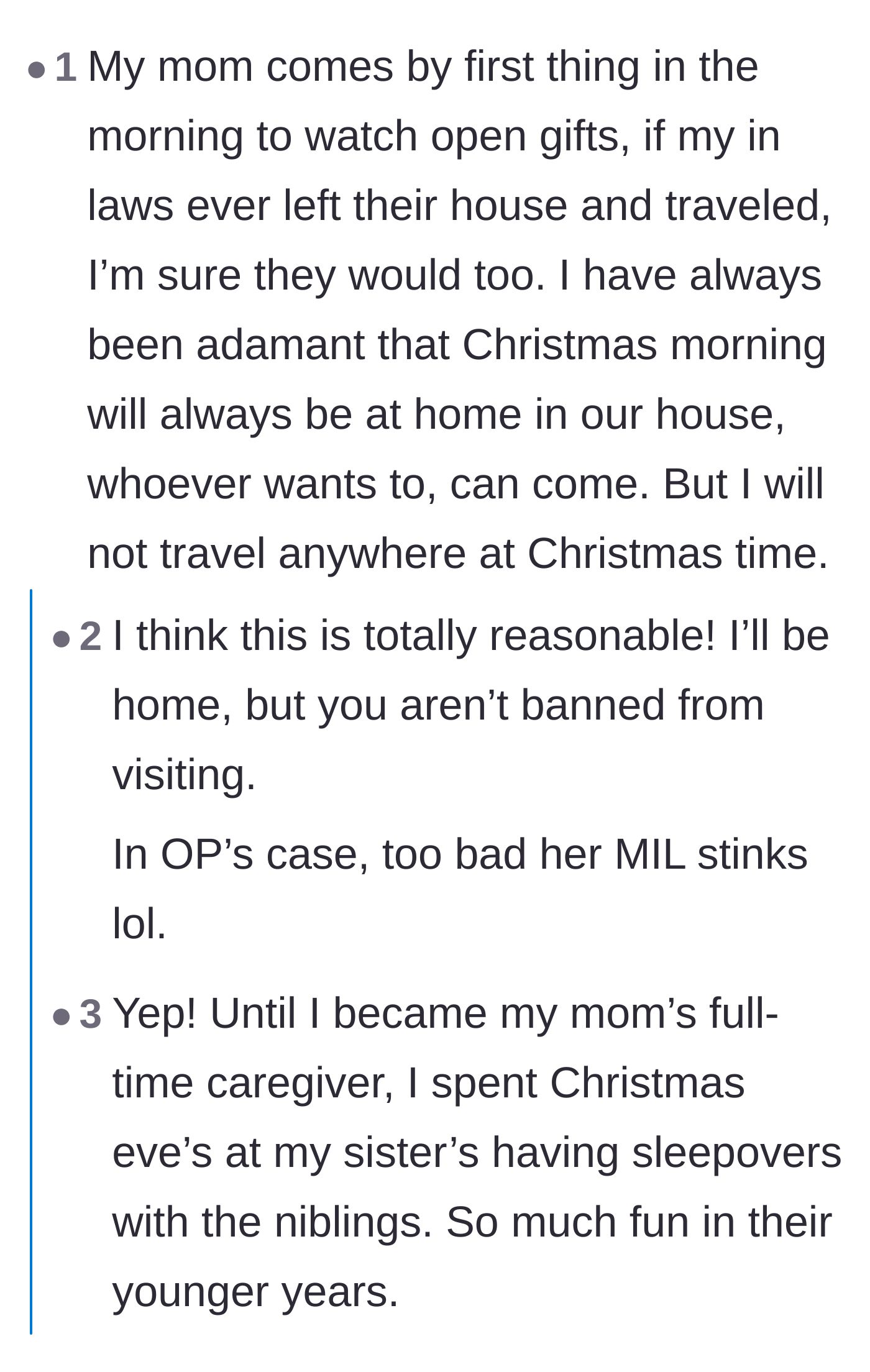 Comment thread 6 - A discussion on having an open-door policy for holidays, with a note that this doesn't work with a toxic mother-in-law.