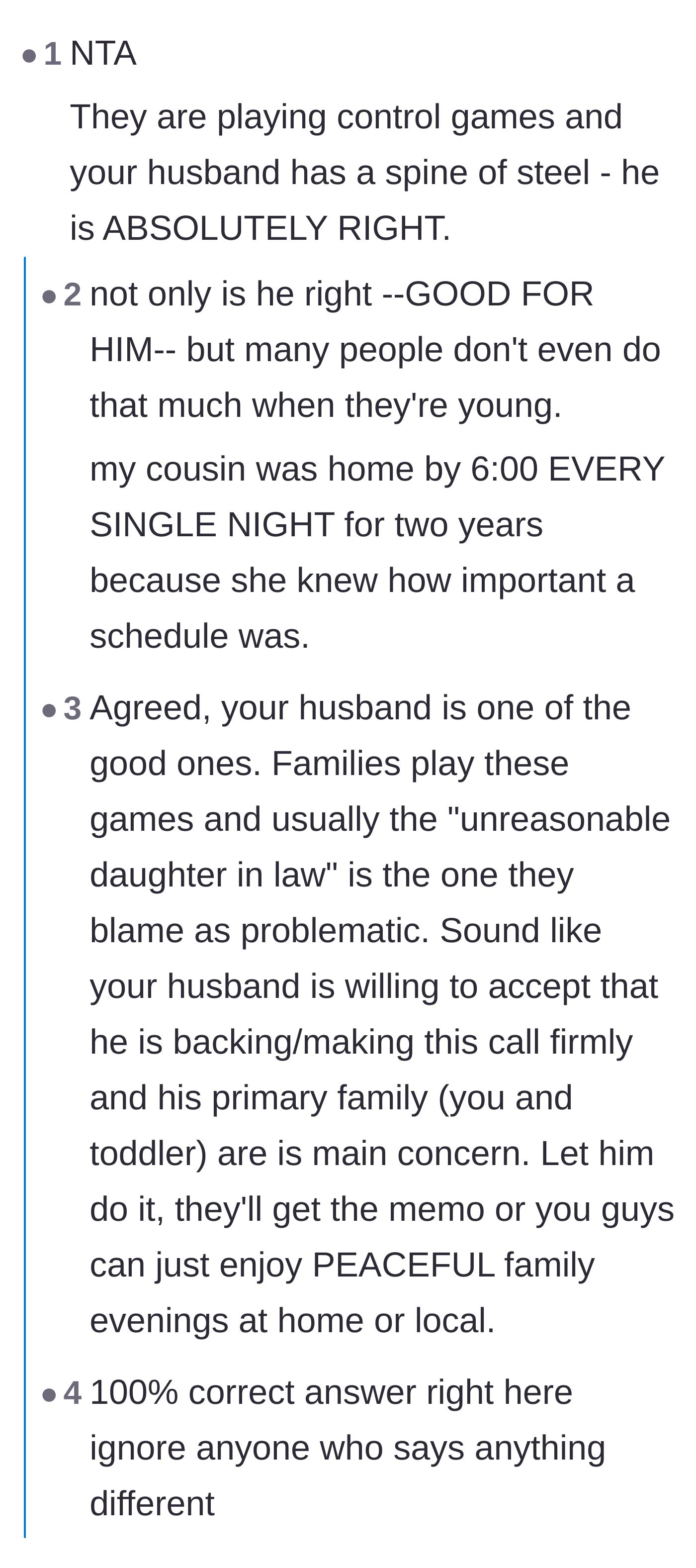 Comment thread 1 - Readers praising the husband for setting firm boundaries and protecting his wife from the usual mother-in-law blame game.