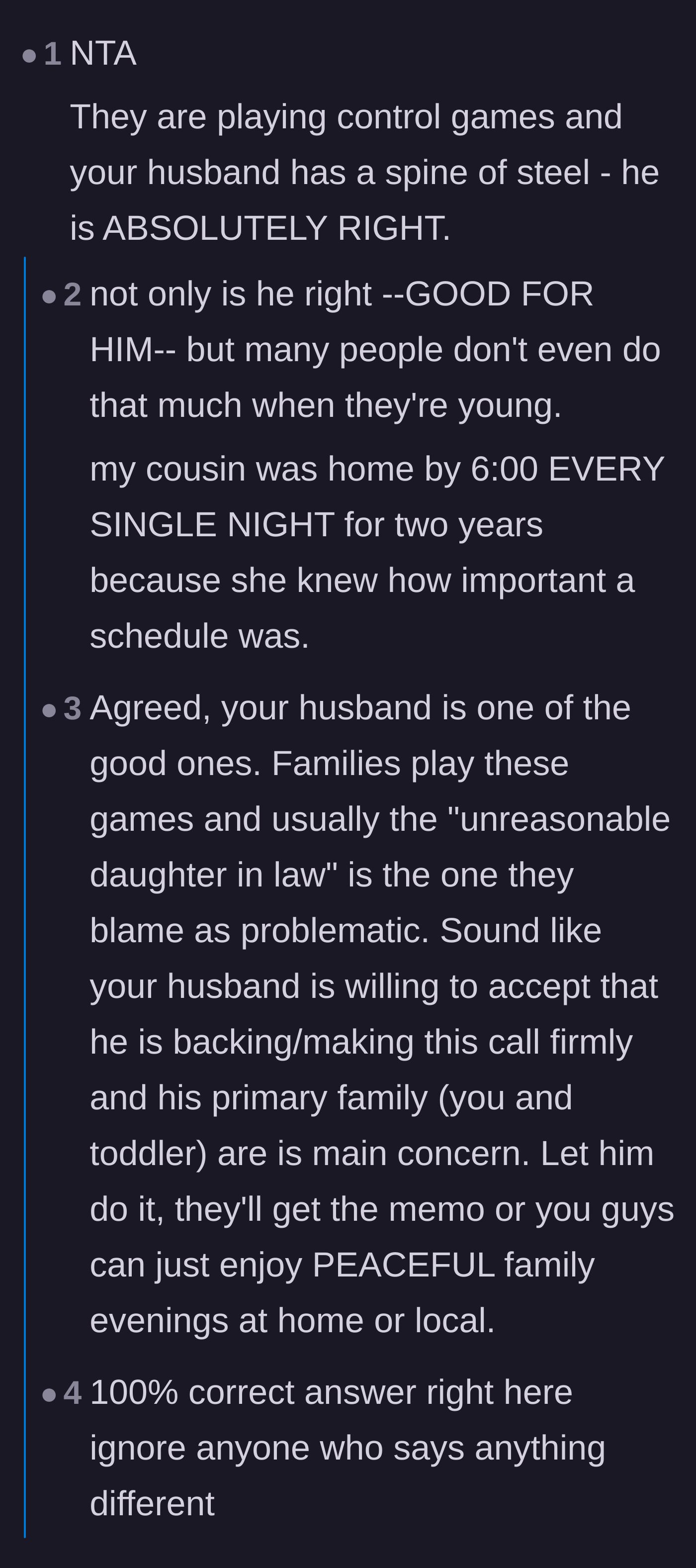 Comment thread 1 - Readers praising the husband for setting firm boundaries and protecting his wife from the usual mother-in-law blame game.
