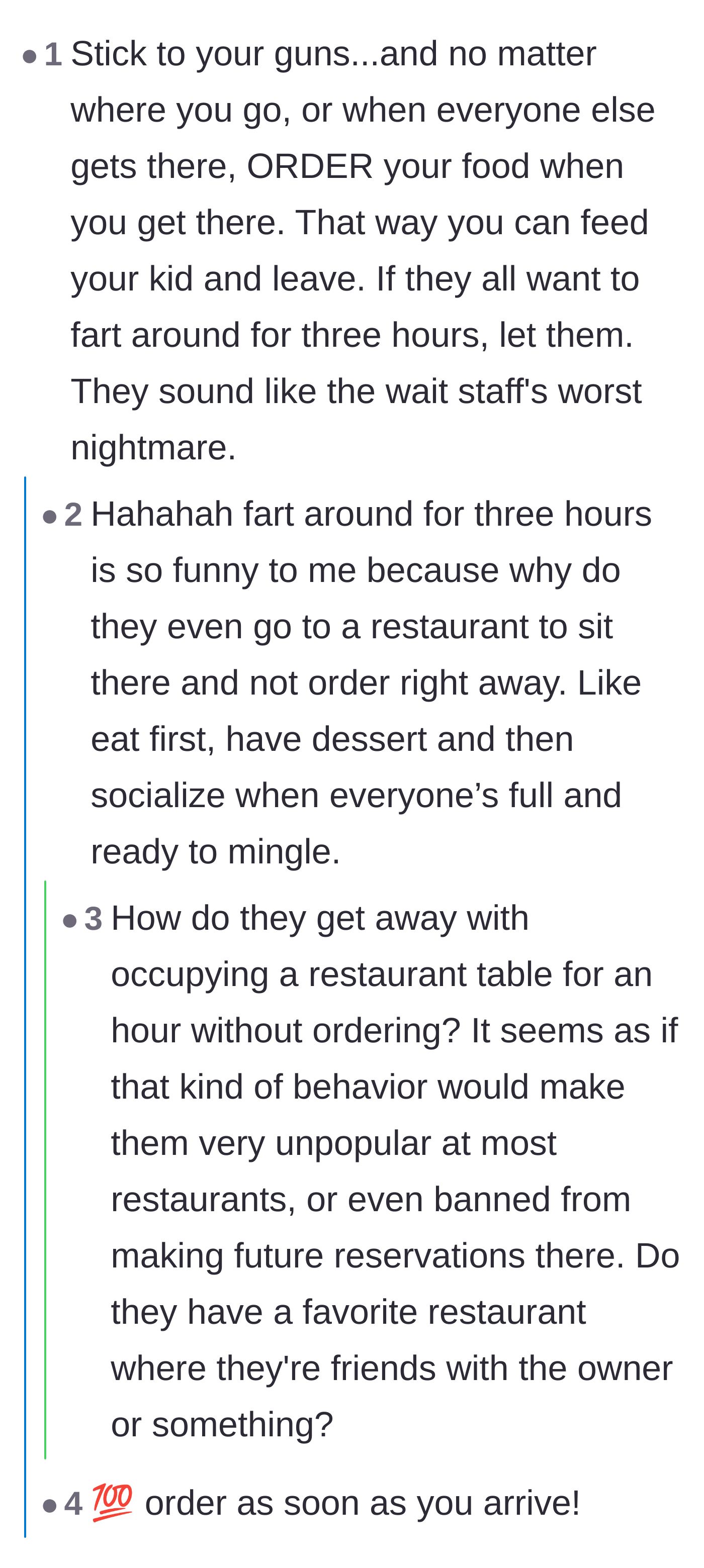 Comment thread 2 - Commenters joking about the in-laws occupying a restaurant for hours and suggesting the parents just order their food immediately upon arrival.