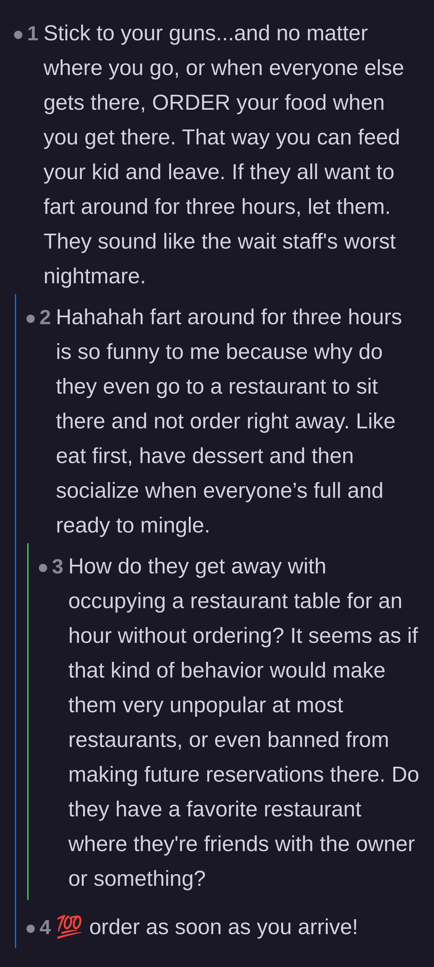 Comment thread 2 - Commenters joking about the in-laws occupying a restaurant for hours and suggesting the parents just order their food immediately upon arrival.