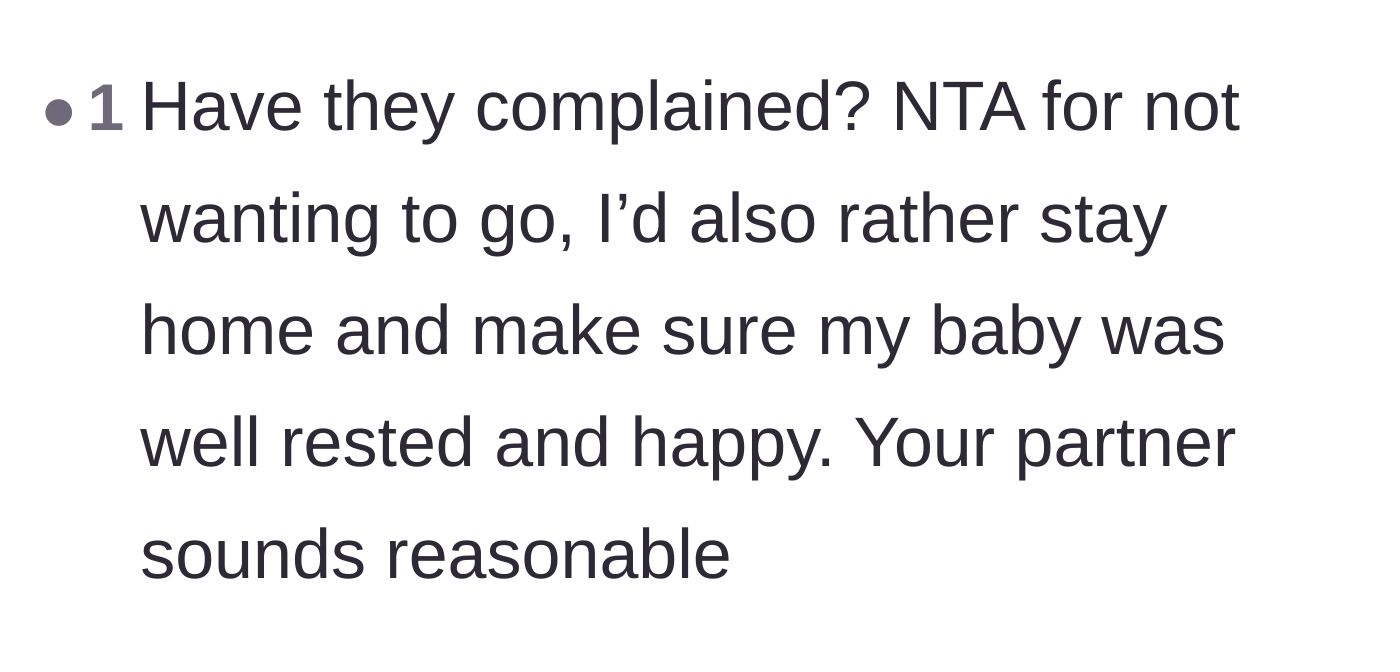 Comment thread 5 - A simple validation of the mother's choice to prioritize a well-rested baby over a chaotic, drawn-out dinner outing.