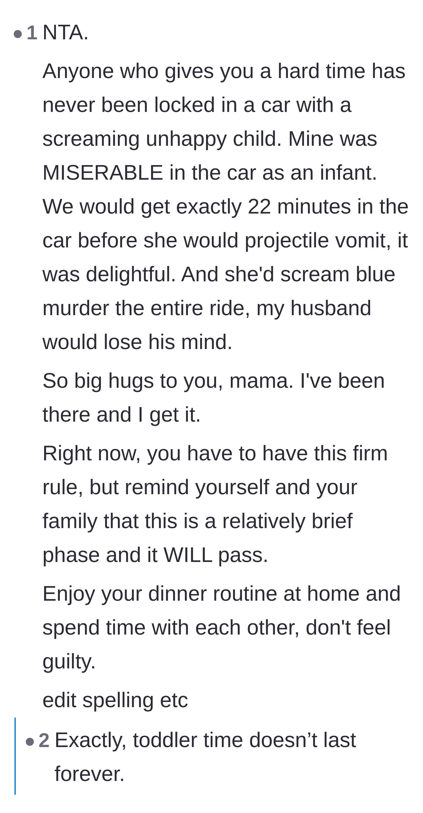 Comment thread 6 - Shared horror stories from other parents about screaming, projectile-vomiting babies in cars and solidarity for the mother.