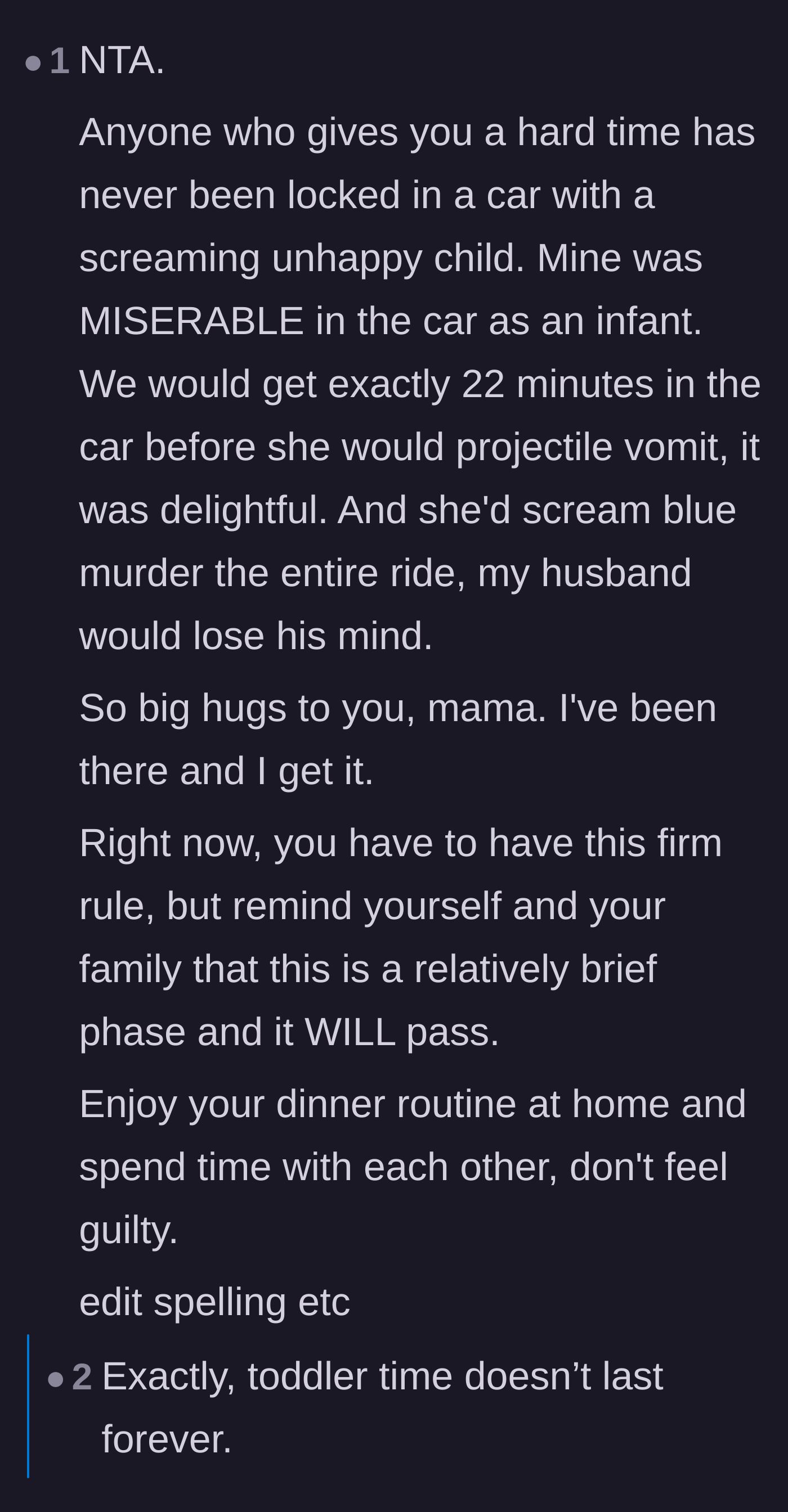 Comment thread 6 - Shared horror stories from other parents about screaming, projectile-vomiting babies in cars and solidarity for the mother.