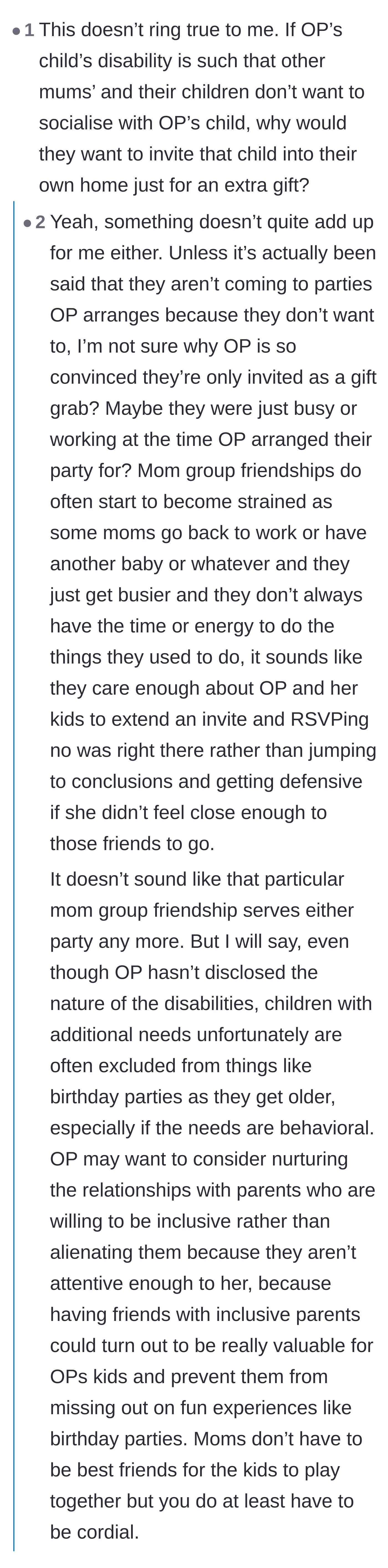 Comment thread 6 - A debate questioning if the invitation was truly a gift grab or if there's more to the story between the two mothers.