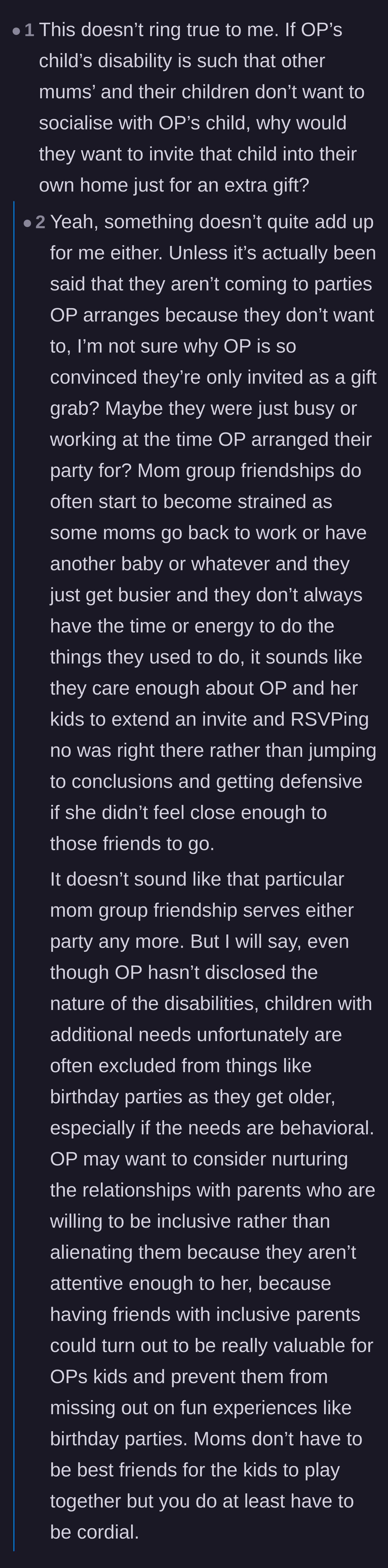 Comment thread 6 - A debate questioning if the invitation was truly a gift grab or if there's more to the story between the two mothers.