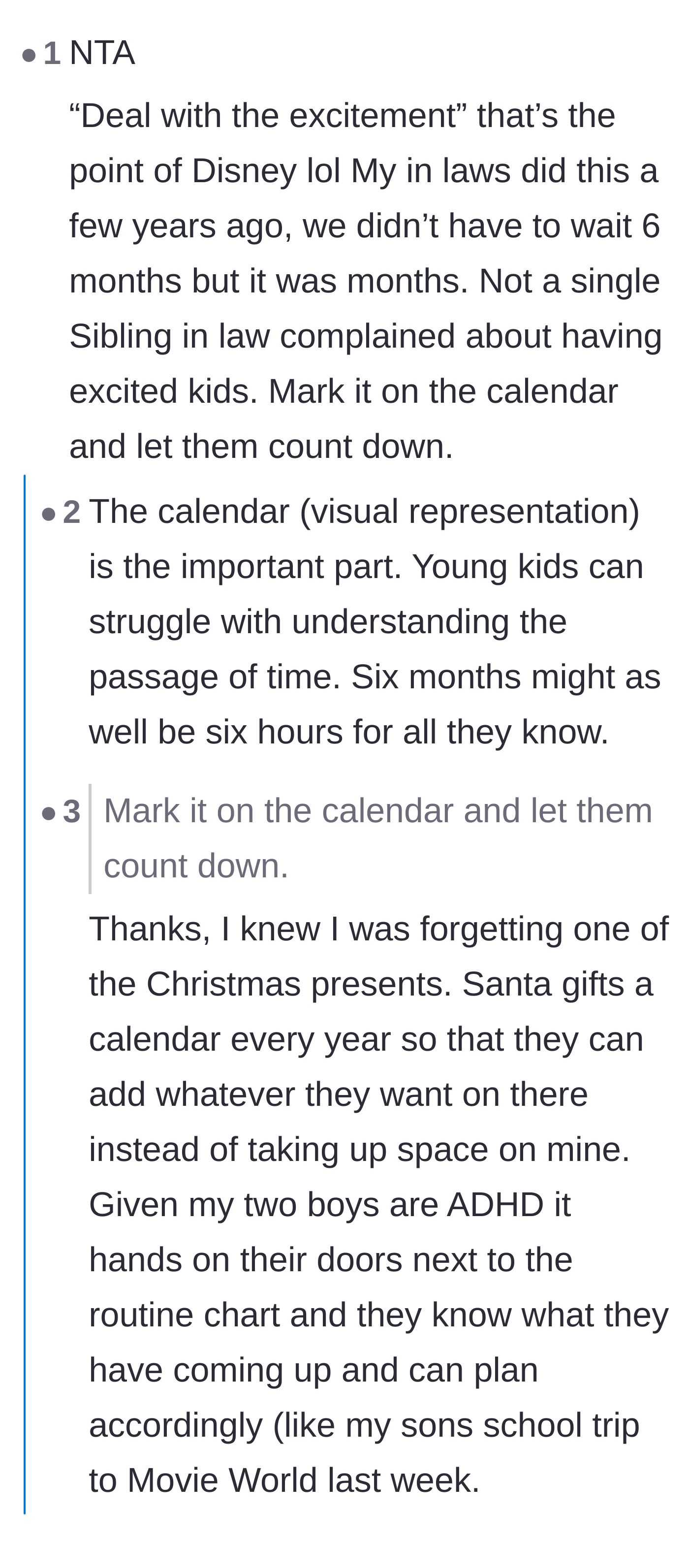 Comment thread 1 - A discussion about using countdown calendars to help kids manage their excitement for big trips.