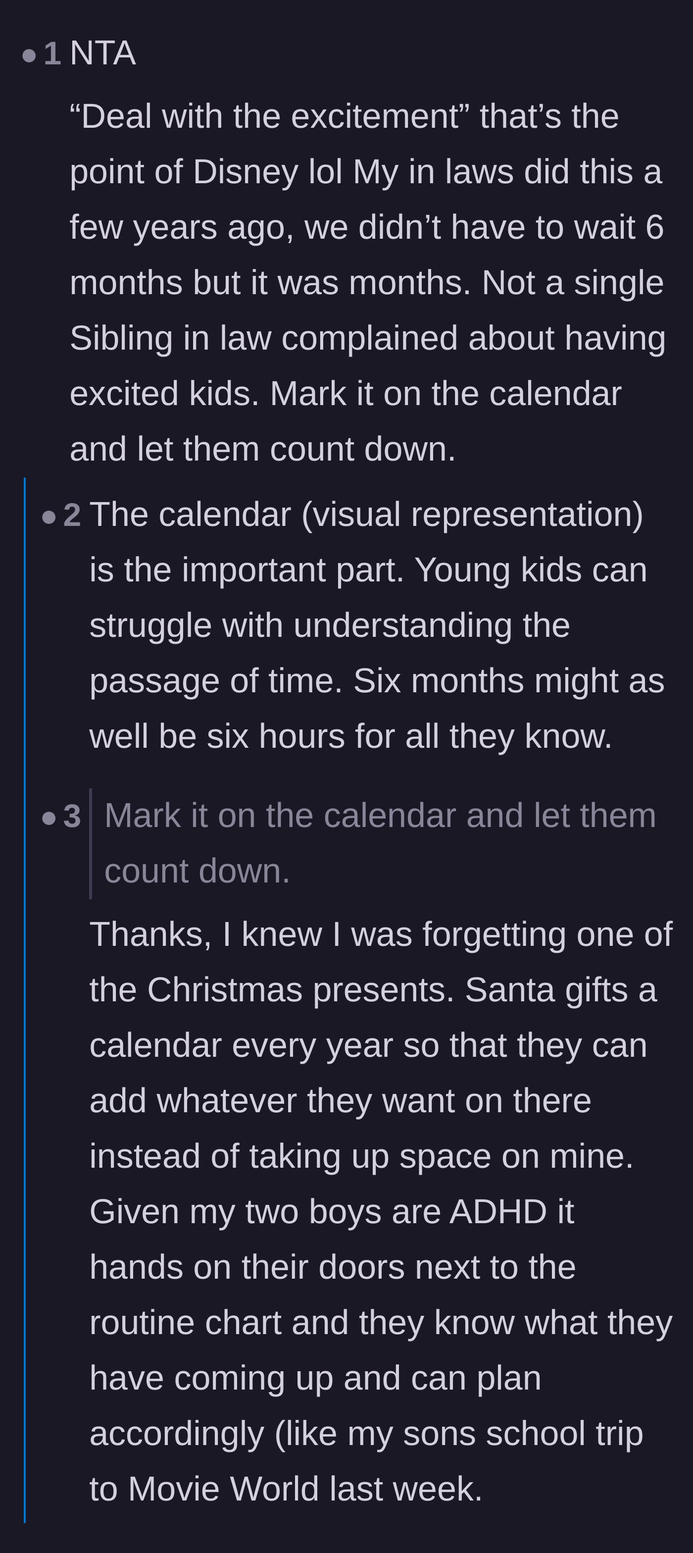 Comment thread 1 - A discussion about using countdown calendars to help kids manage their excitement for big trips.