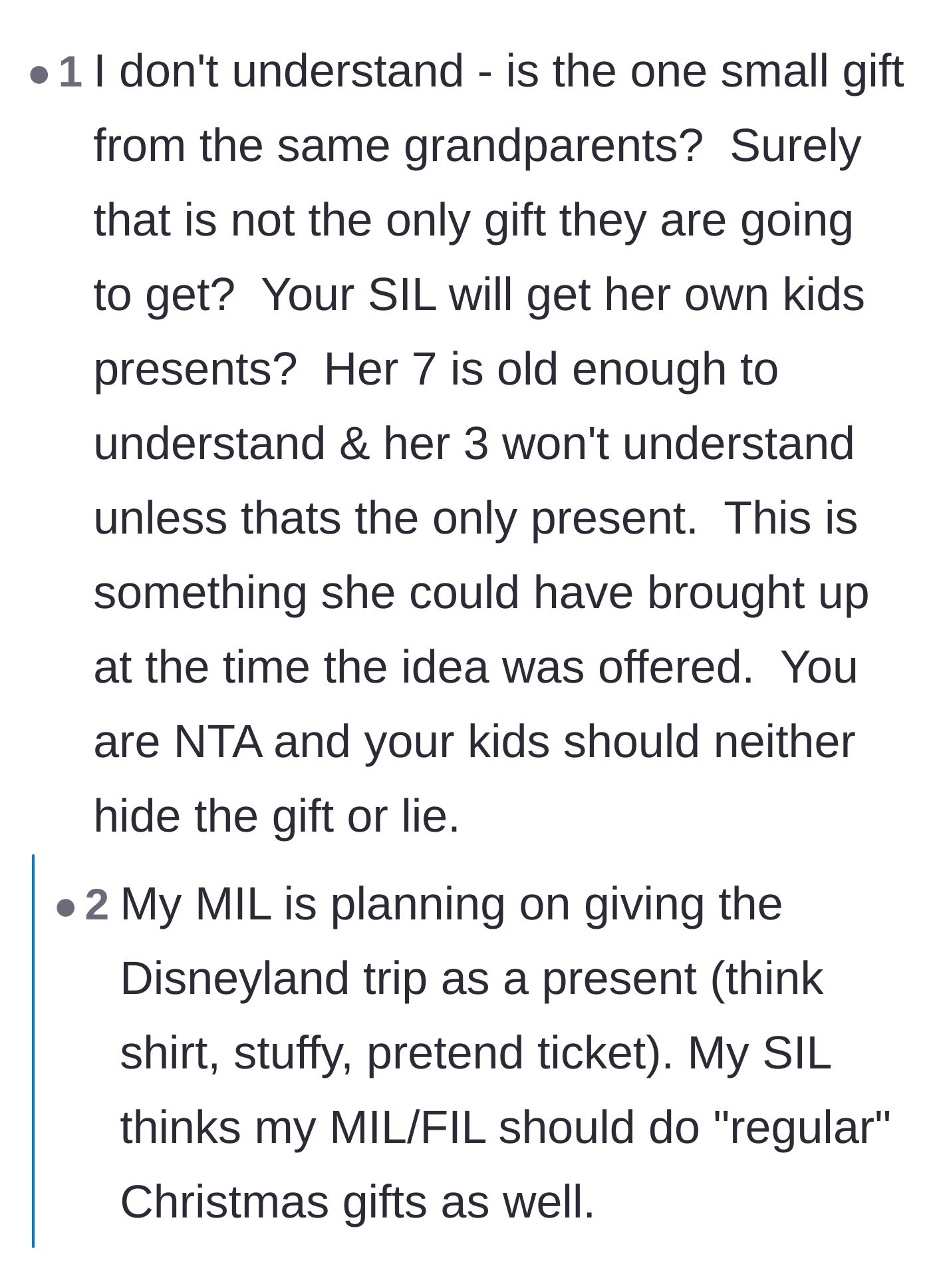 Comment thread 4 - The narrator reveals her sister-in-law expects the grandparents to buy 'regular' Christmas gifts in addition to the $15K trip.