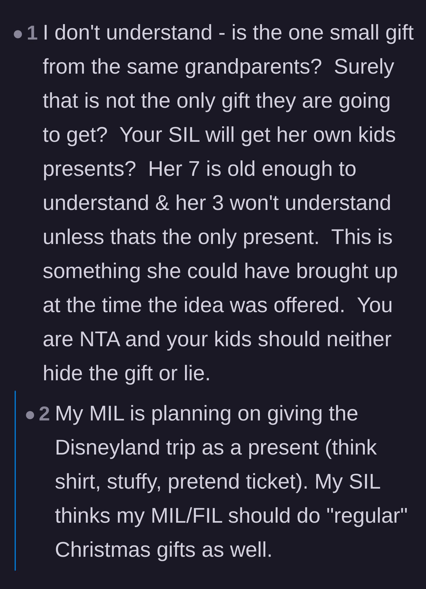 Comment thread 4 - The narrator reveals her sister-in-law expects the grandparents to buy 'regular' Christmas gifts in addition to the $15K trip.