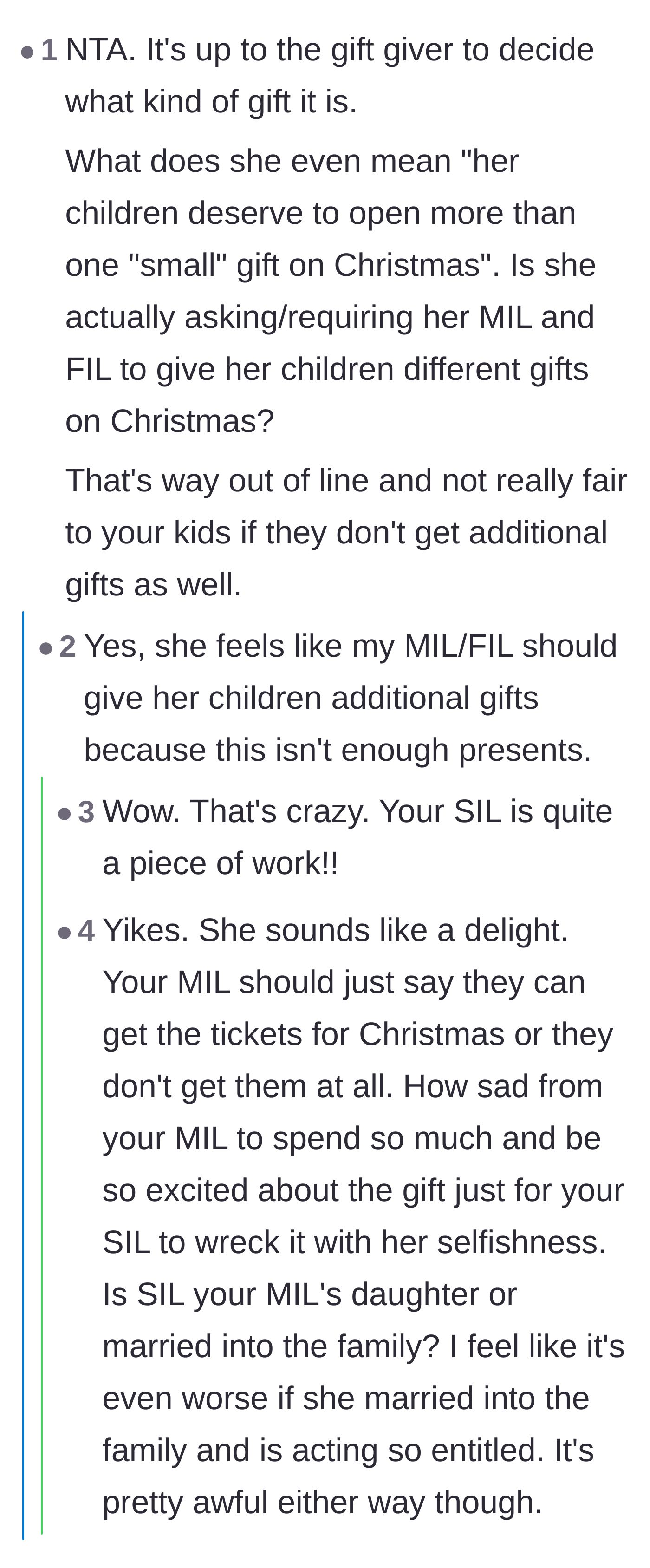 Comment thread 5 - The narrator confirming that the sister-in-law feels the Disney trip just isn't enough presents for her kids.