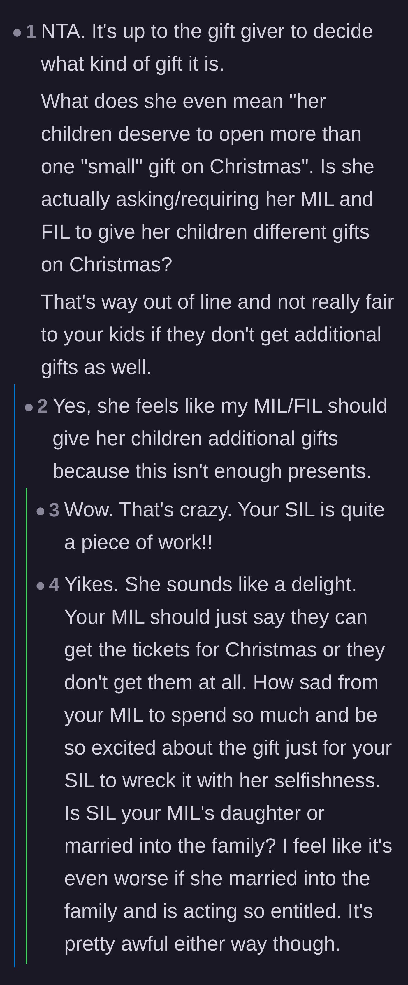 Comment thread 5 - The narrator confirming that the sister-in-law feels the Disney trip just isn't enough presents for her kids.