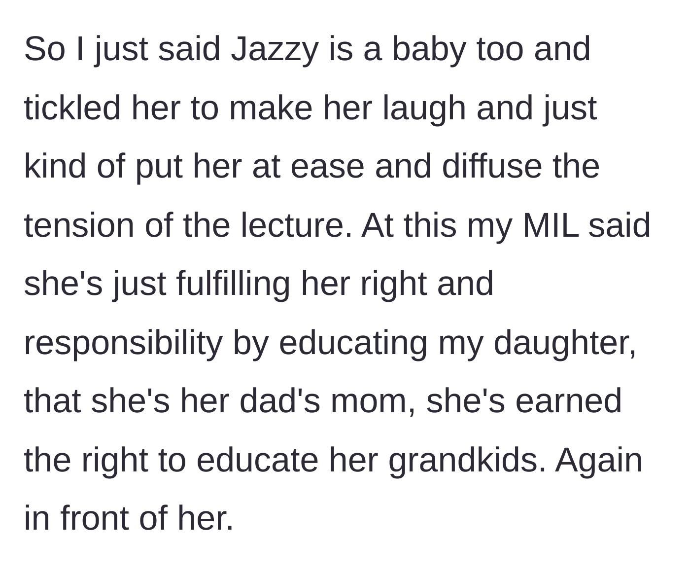 Story part 10 - Mom interrupting the lecture with tickles; MIL defending her 'rights.'
