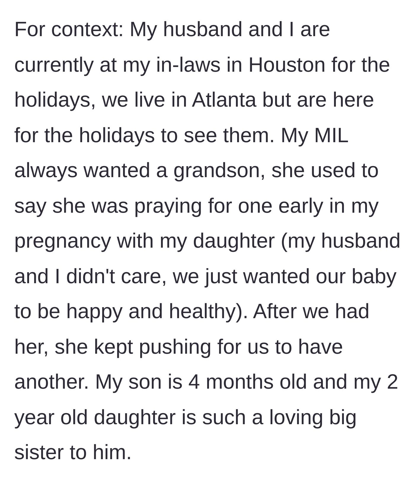 Story part 1 - Background on MIL praying for a grandson instead of just a healthy baby.