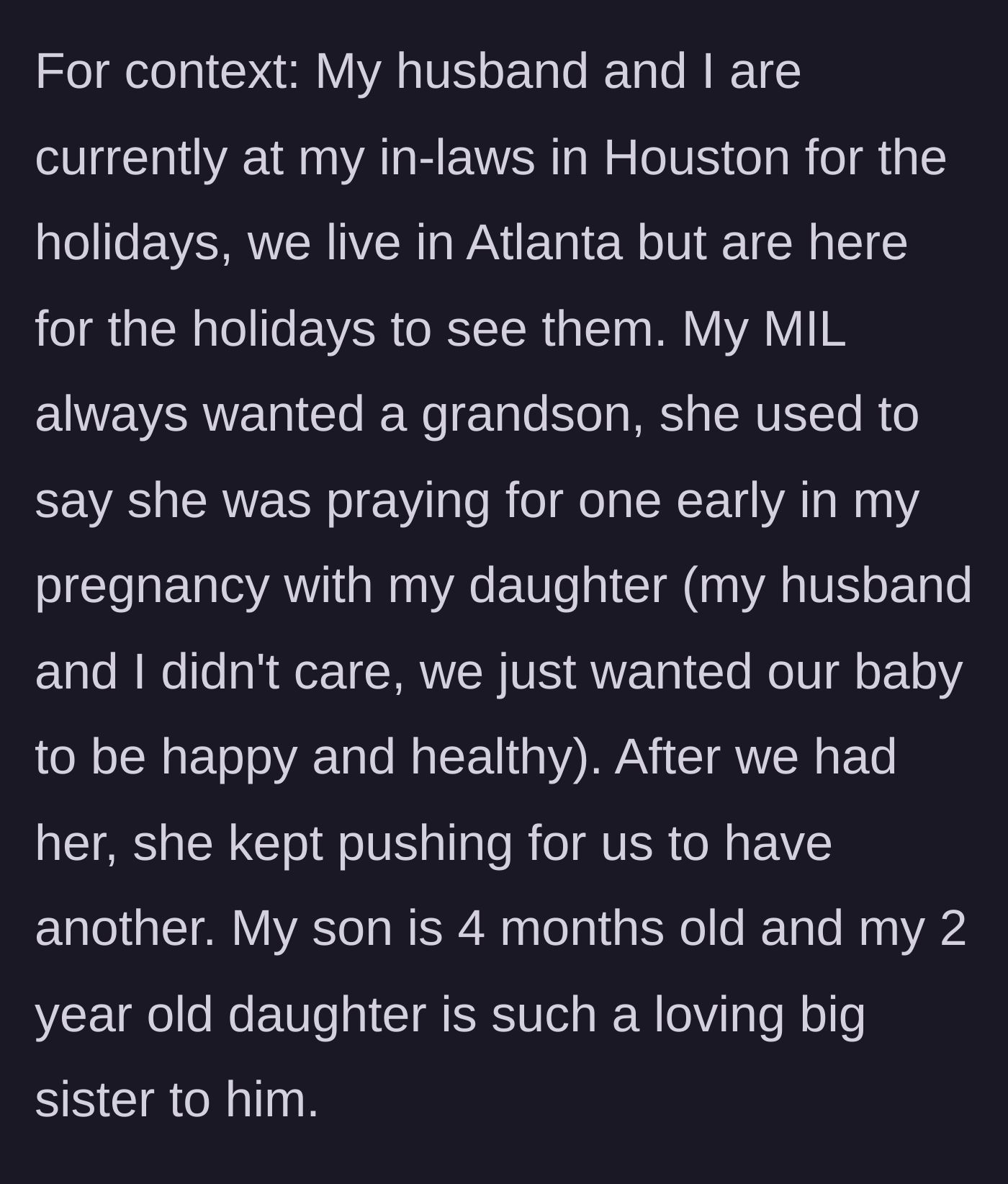 Story part 1 - Background on MIL praying for a grandson instead of just a healthy baby.