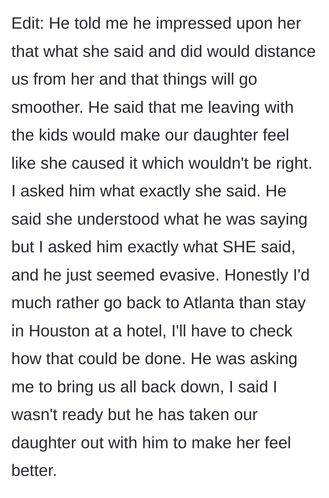 Story part 6 - Husband acting evasive about what his mother actually said in their chat.