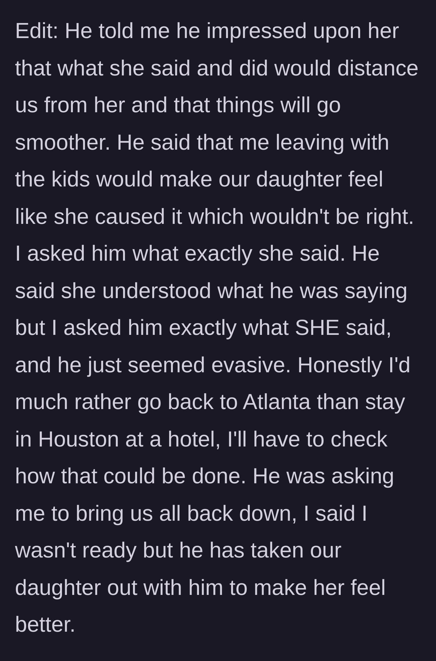 Story part 6 - Husband acting evasive about what his mother actually said in their chat.