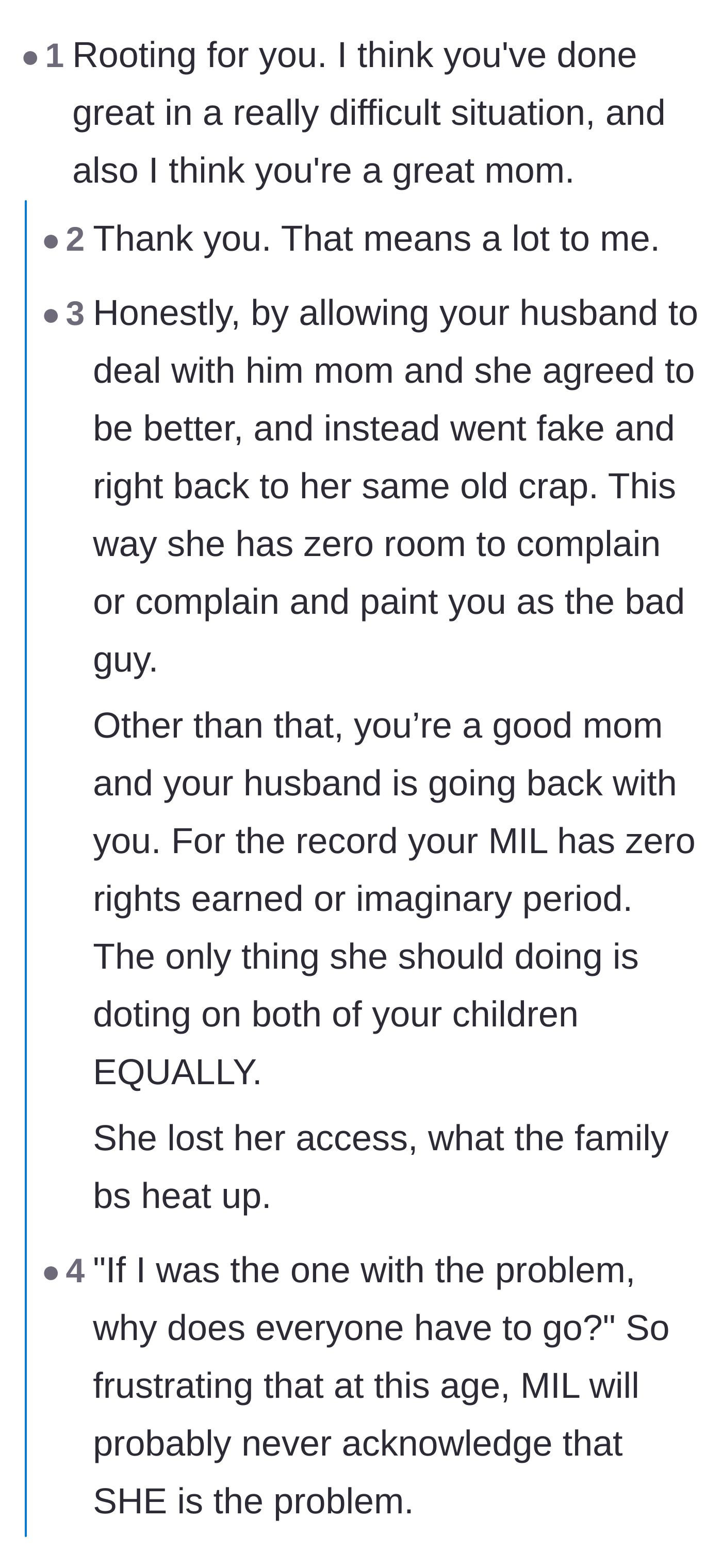 Comment thread 1 - Readers validating the mom's decision to give the grandmother a second chance and calling out the mother-in-law's manipulation.