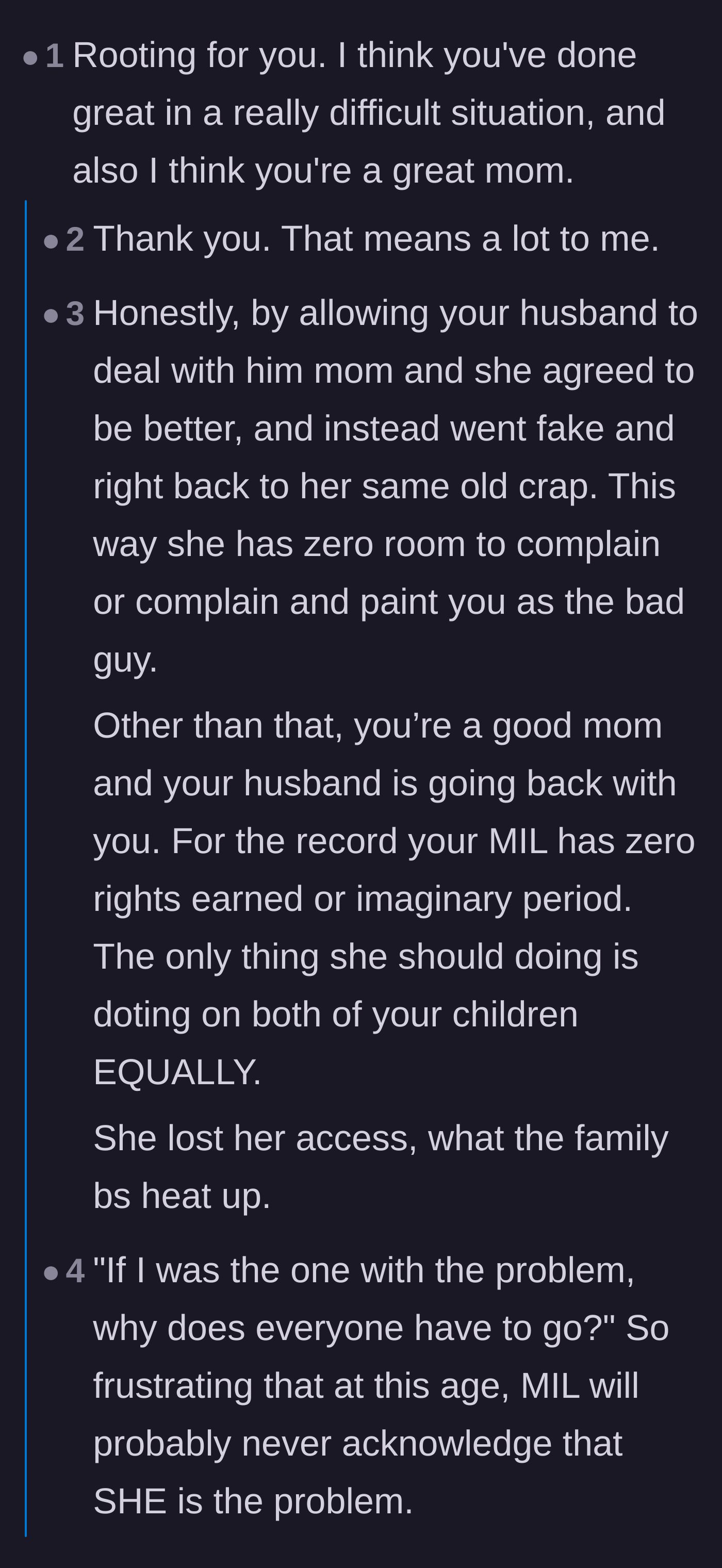Comment thread 1 - Readers validating the mom's decision to give the grandmother a second chance and calling out the mother-in-law's manipulation.