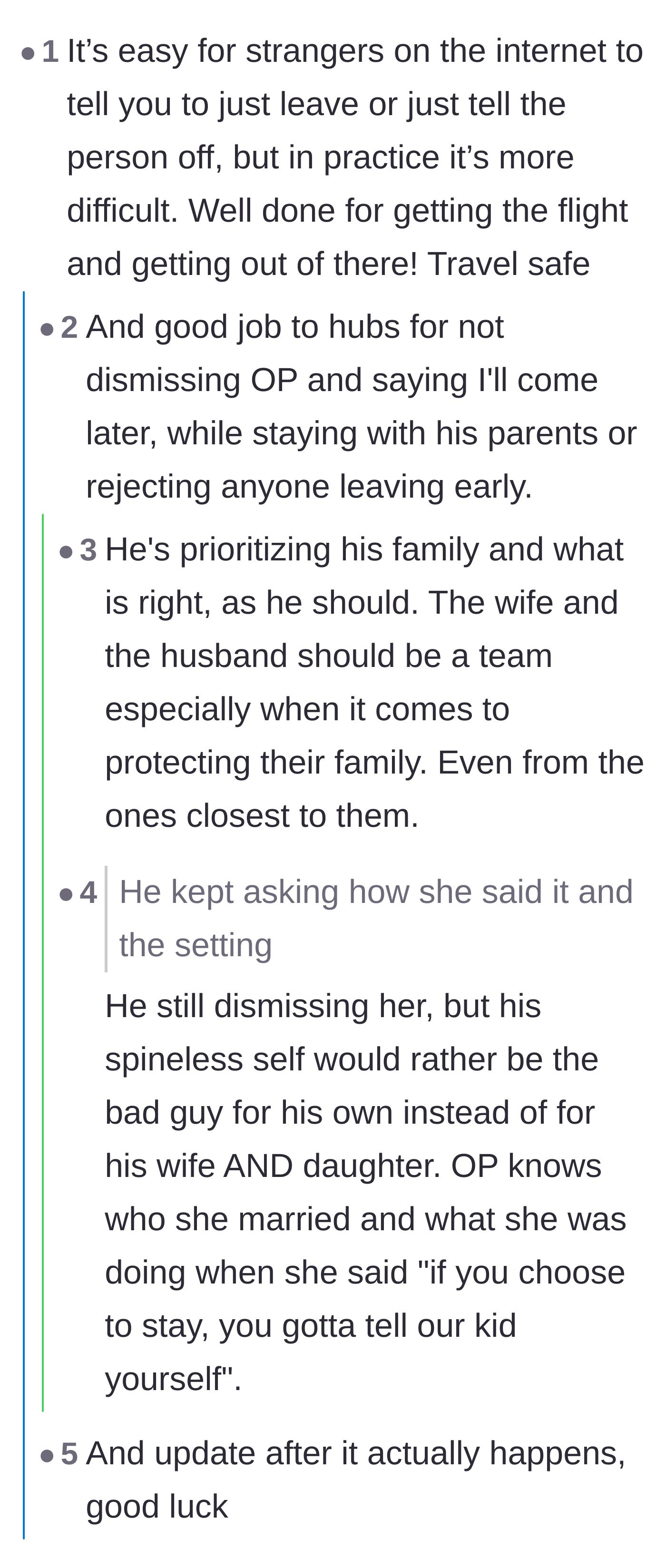 Comment thread 2 - Discussion on how hard it is to actually walk out on family events, and debating the husband's reaction.