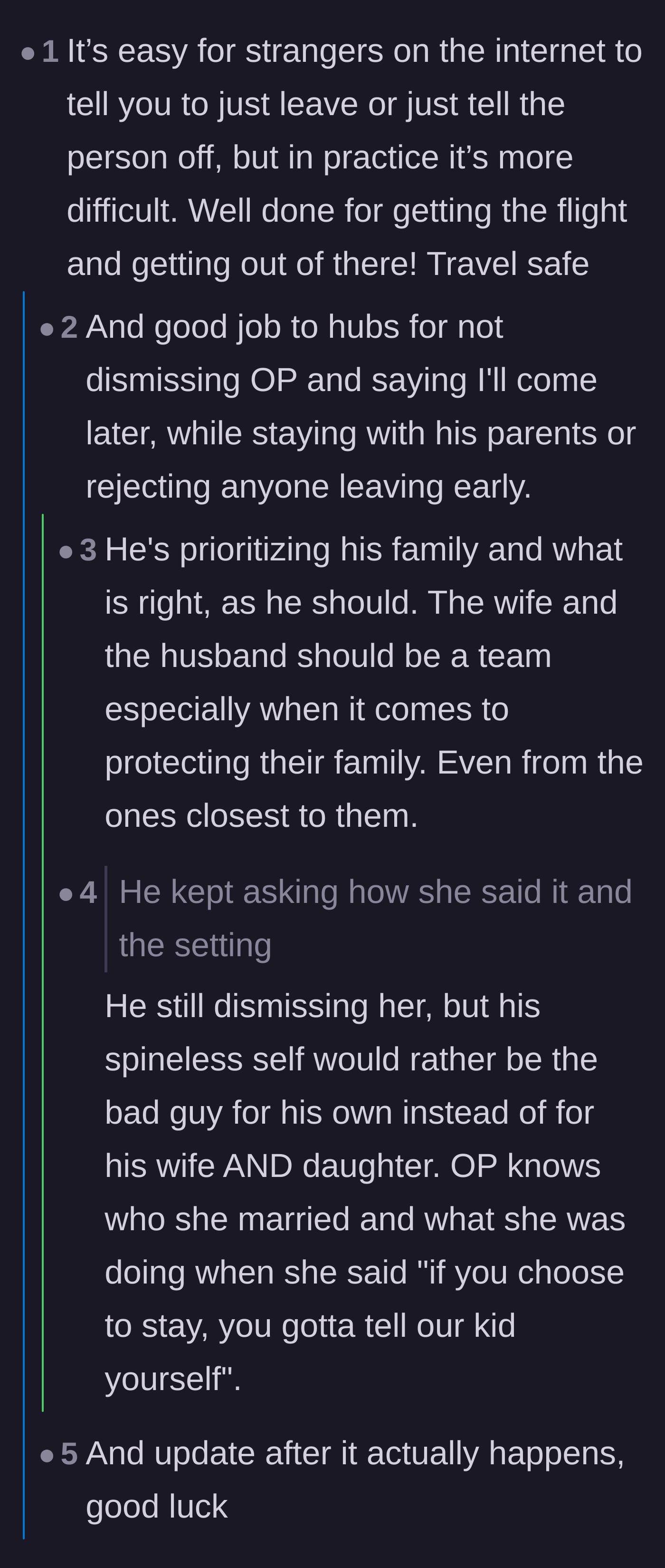 Comment thread 2 - Discussion on how hard it is to actually walk out on family events, and debating the husband's reaction.