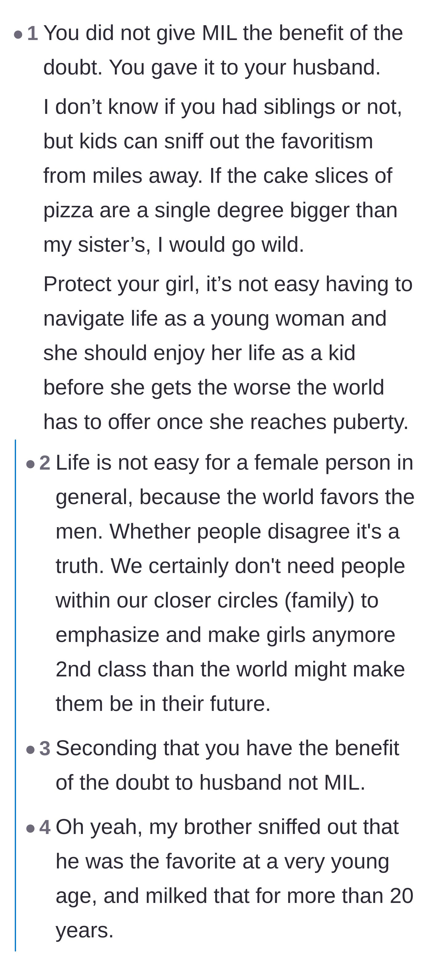 Comment thread 3 - Commentary on how kids instantly notice favoritism and why the mom was really just trusting her husband.