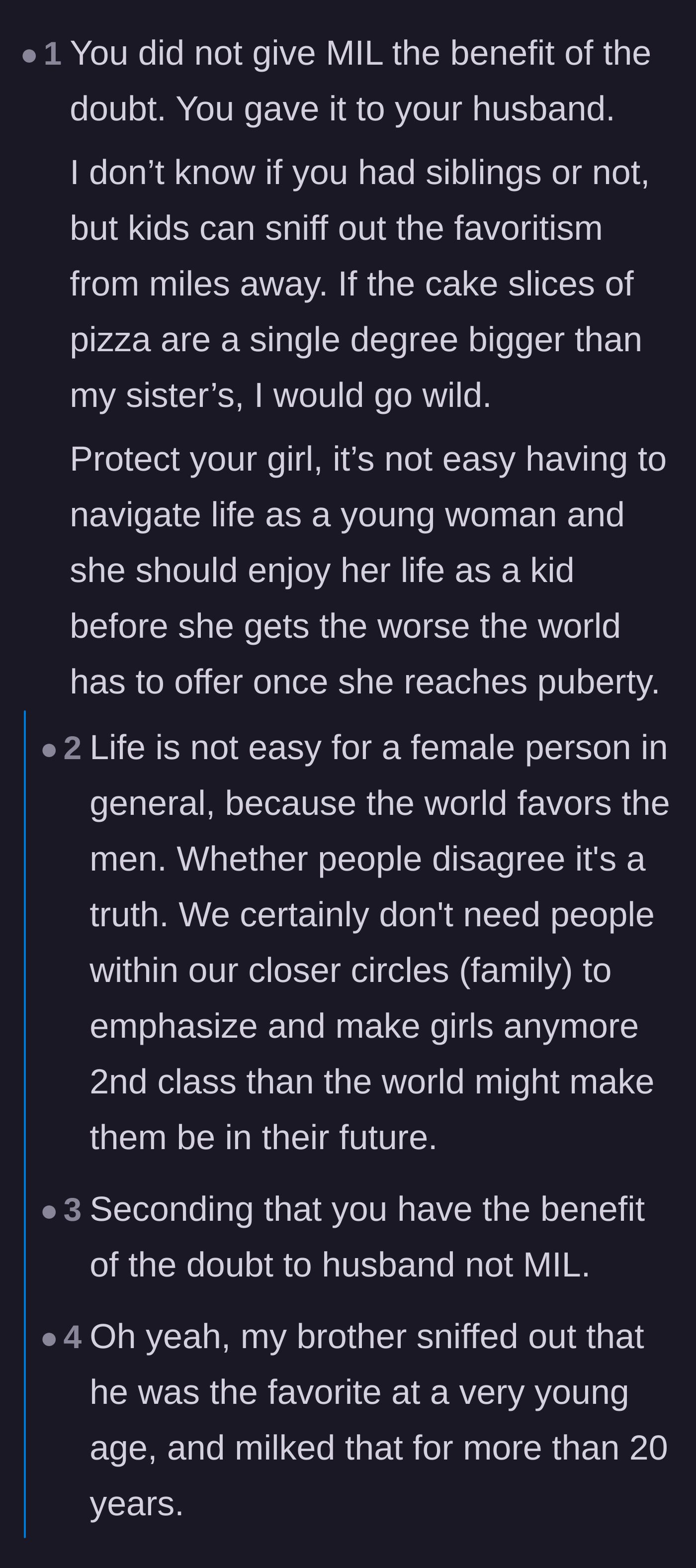 Comment thread 3 - Commentary on how kids instantly notice favoritism and why the mom was really just trusting her husband.