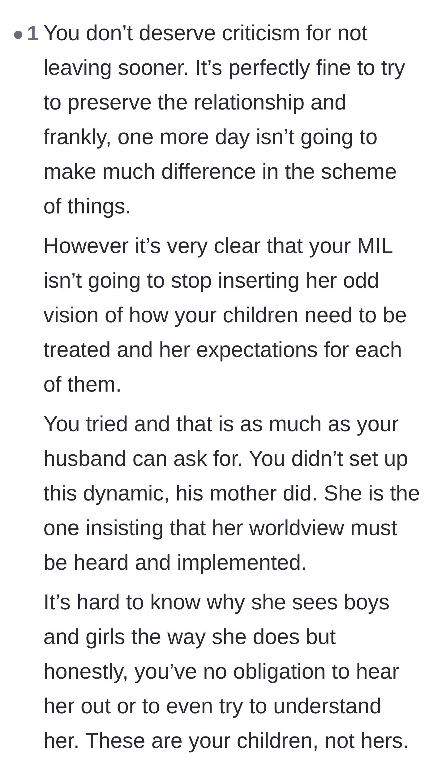 Comment thread 4 - Reassurance that the mom shouldn't feel guilty for staying an extra day to preserve the relationship.