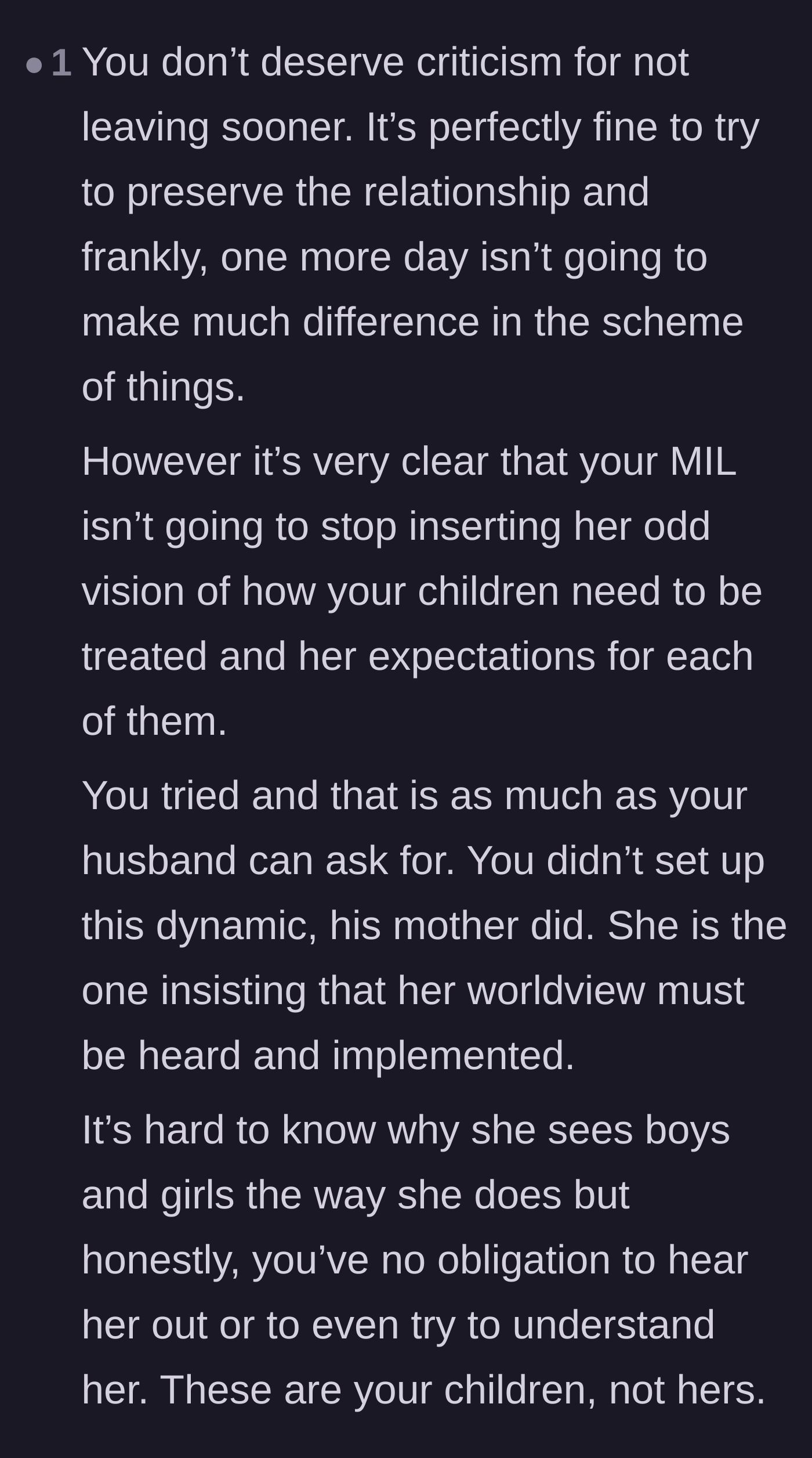 Comment thread 4 - Reassurance that the mom shouldn't feel guilty for staying an extra day to preserve the relationship.