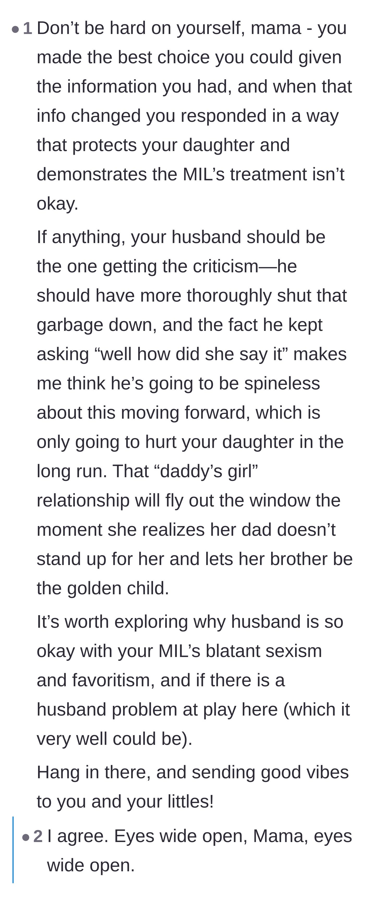 Comment thread 5 - Warnings about the husband's lack of spine and how it could ruin his relationship with his daughter.