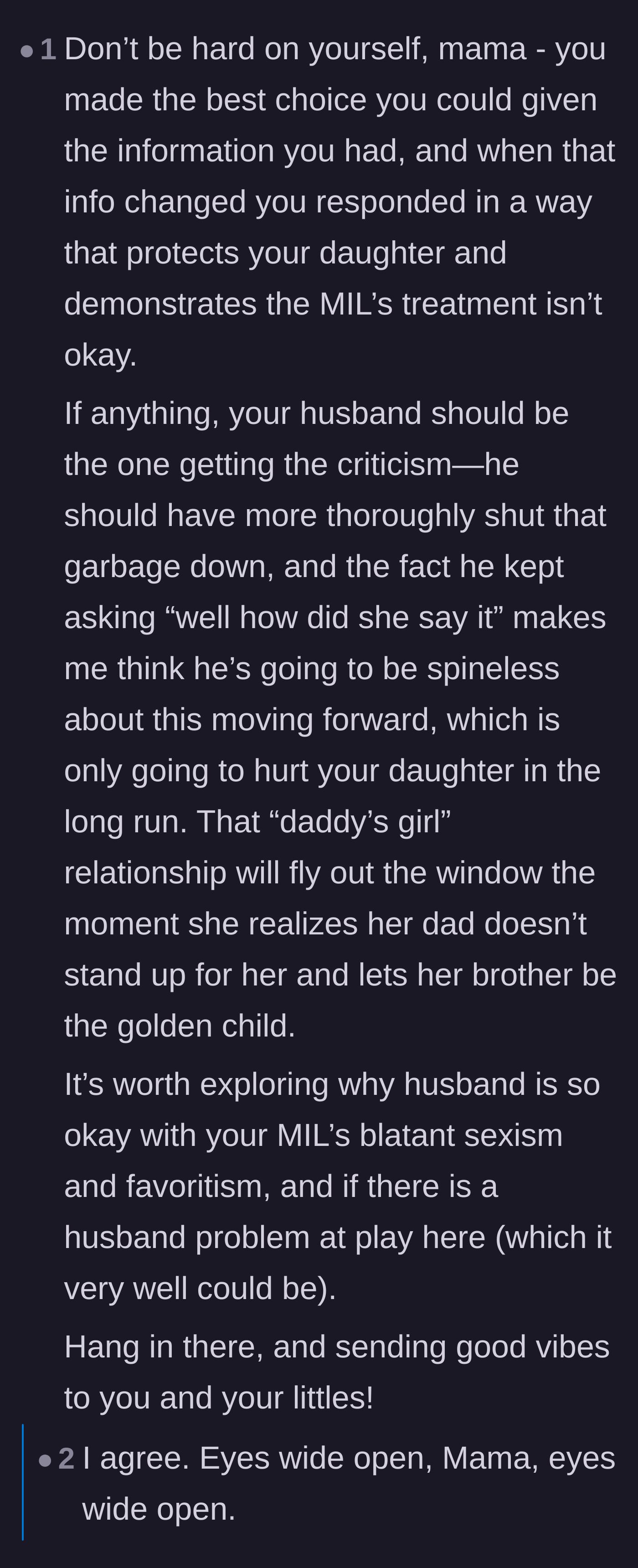Comment thread 5 - Warnings about the husband's lack of spine and how it could ruin his relationship with his daughter.