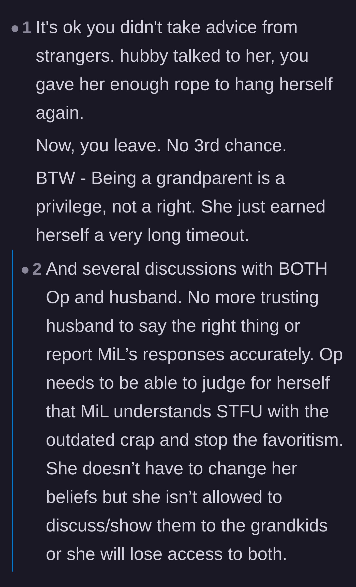 Comment thread 6 - Declaring that being a grandparent is a privilege and the mother-in-law just earned a long timeout.